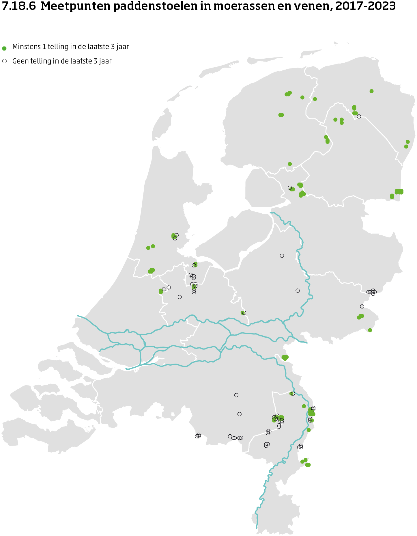De kaart toont de ligging van de meetpunten in Nederland van paddenstoelen in moerassen en vennen van 2016 tot en met 2024. Per meetpunt is aangegeven of er minimaal 1 telling is uitgevoerd in de laatste 3 jaar of niet.