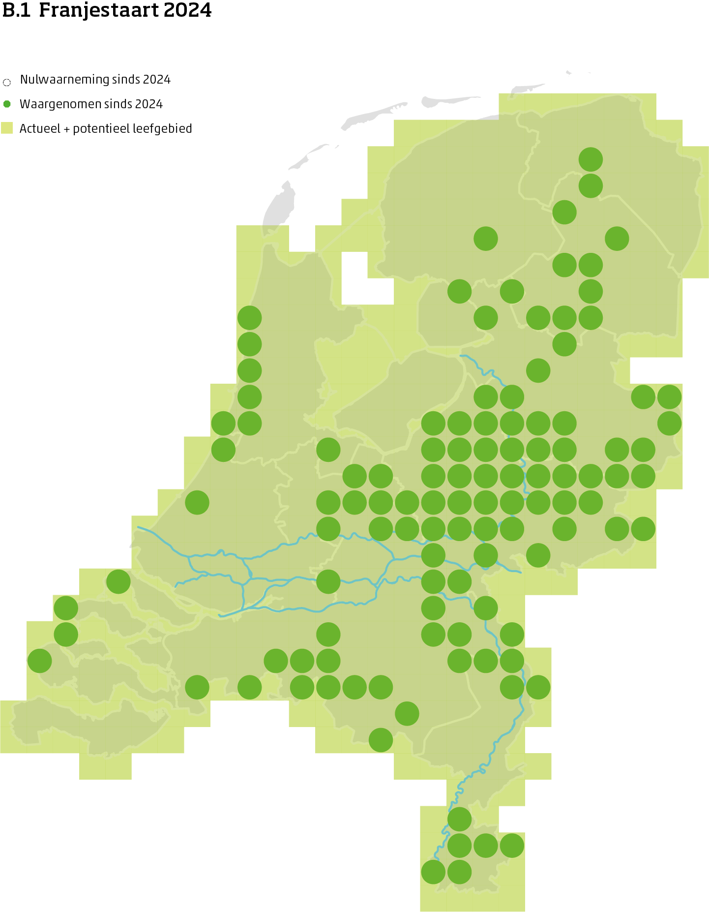 De kaart toont voor de franjestaart het actueel en potentieel leefgebied Nederland. In 10 bij 10 kilometer hokken is aangegeven waar de soort sinds 2018 is waargenomen en waar niet.
