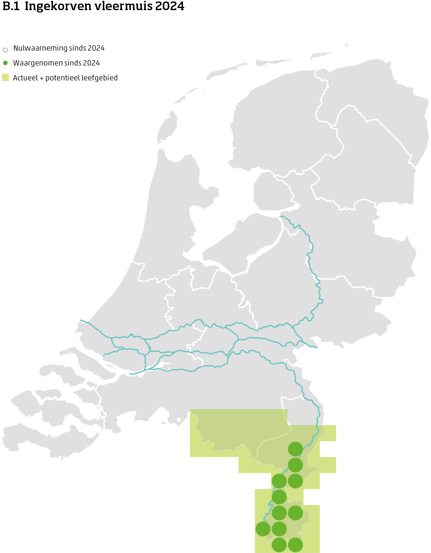De kaart toont voor de ingekorven vleermuis het actueel en potentieel leefgebied Nederland. In 10 bij 10 kilometer hokken is aangegeven waar de soort sinds 2018 is waargenomen en waar niet.