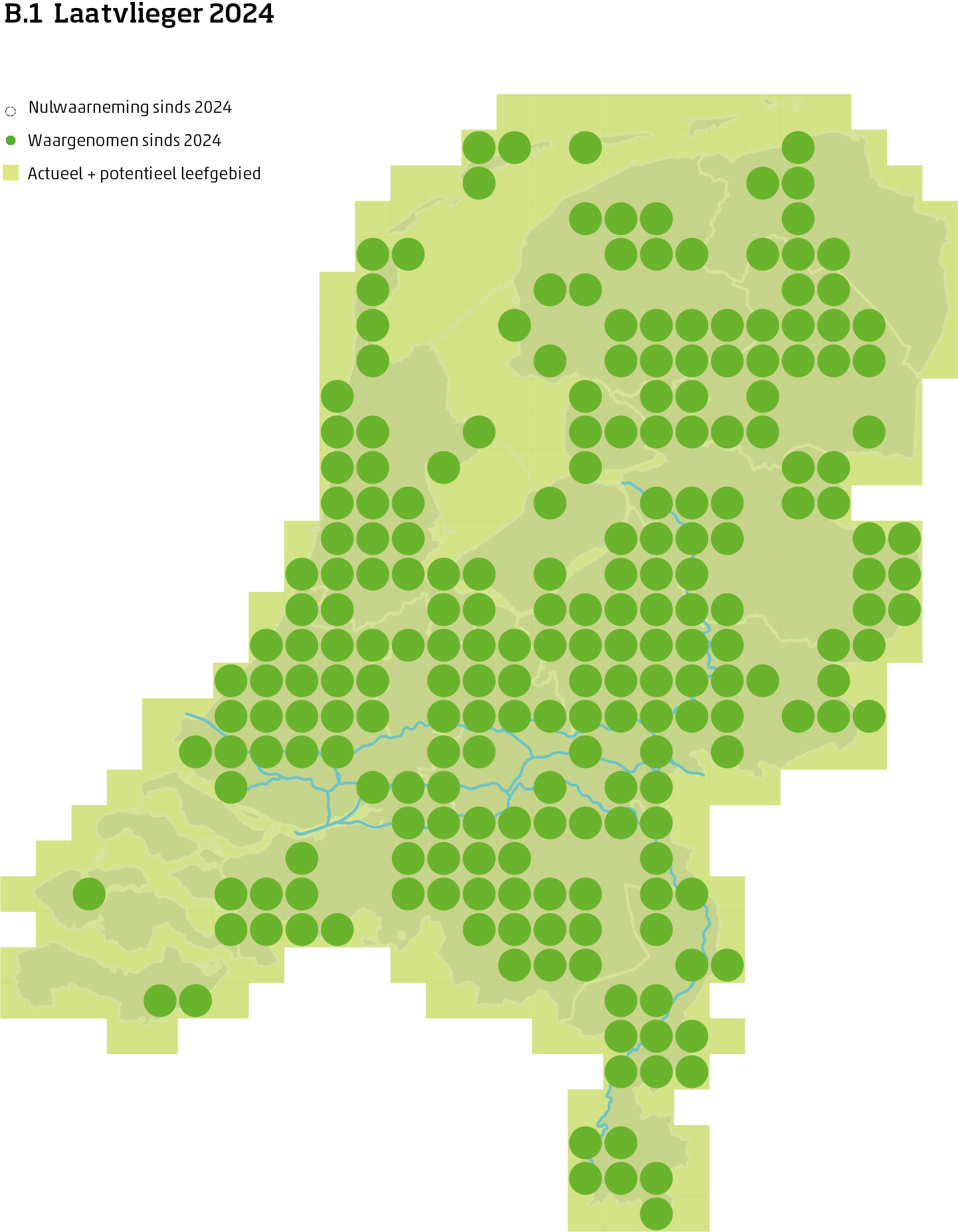 De kaart toont voor de laatvlieger het actueel en potentieel leefgebied Nederland. In 10 bij 10 kilometer hokken is aangegeven waar de soort sinds 2018 is waargenomen en waar niet.