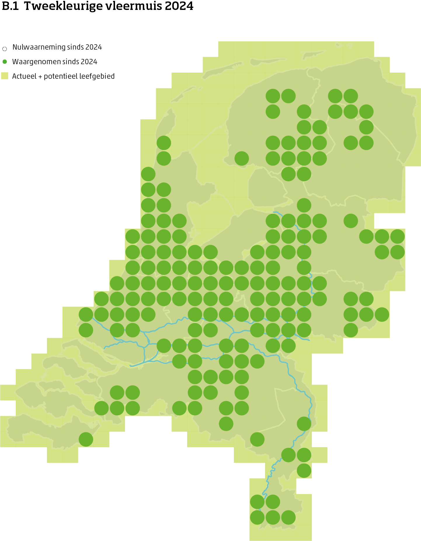 De kaart toont voor de tweekleurige vleermuis het actueel en potentieel leefgebied Nederland. In 10 bij 10 kilometer hokken is aangegeven waar de soort sinds 2018 is waargenomen en waar niet.