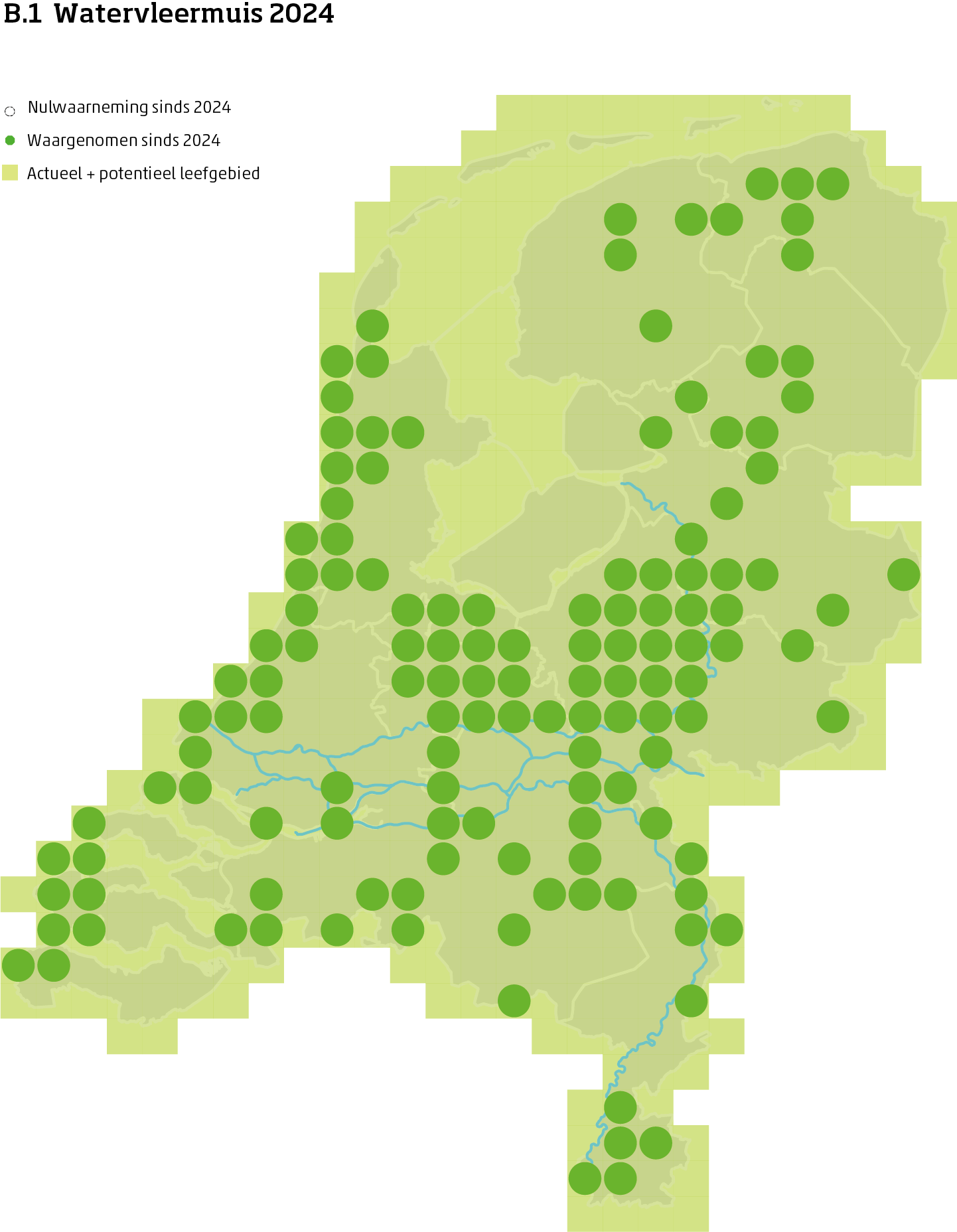 De kaart toont voor de watervleermuis het actueel en potentieel leefgebied Nederland. In 10 bij 10 kilometer hokken is aangegeven waar de soort sinds 2018 is waargenomen en waar niet.