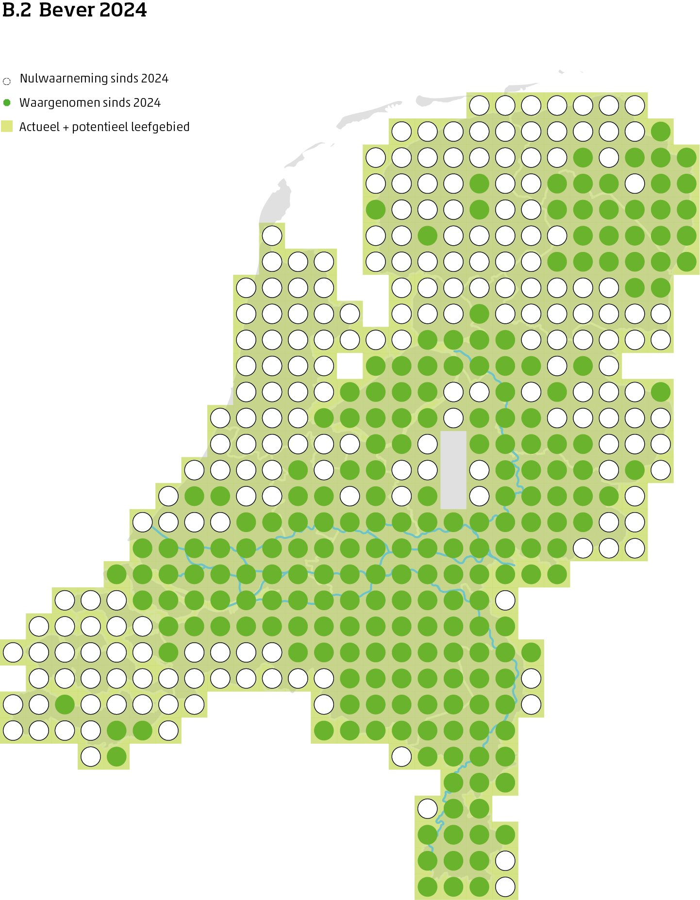 De kaart toont voor de bever het actueel en potentieel leefgebied Nederland. In 10 bij 10 kilometer hokken is aangegeven waar de soort sinds 2018 is waargenomen en waar niet.