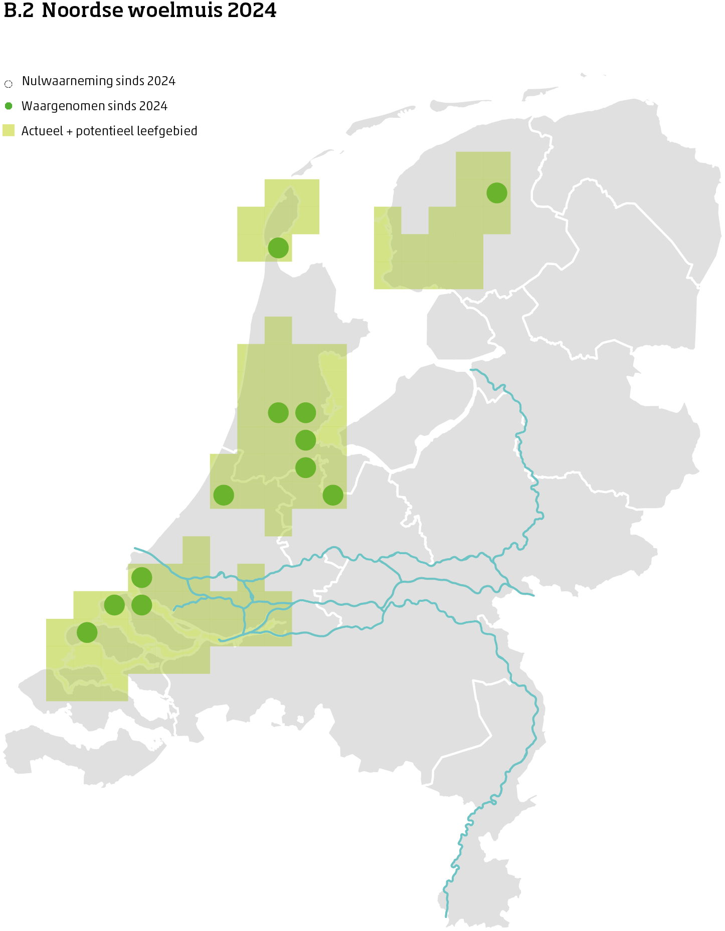 De kaart toont voor de Noordse woelmuis het actueel en potentieel leefgebied Nederland. In 10 bij 10 kilometer hokken is aangegeven waar de soort sinds 2018 is waargenomen en waar niet.
