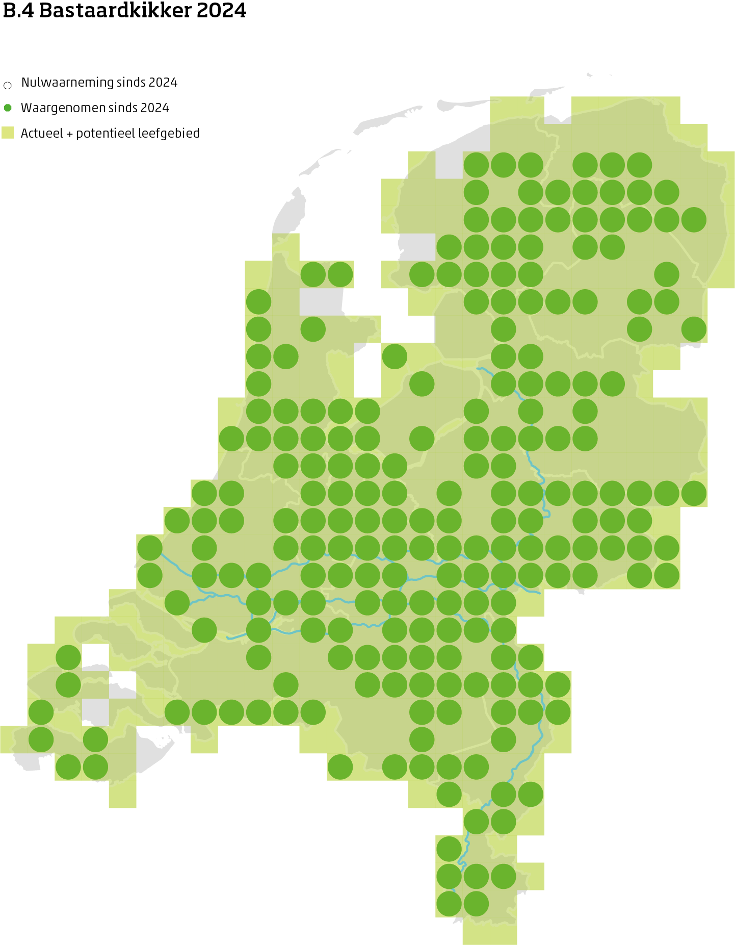 De kaart toont voor de bastaardkikker het actueel en potentieel leefgebied Nederland. In 10 bij 10 kilometer hokken is aangegeven waar de soort sinds 2018 is waargenomen en waar niet.