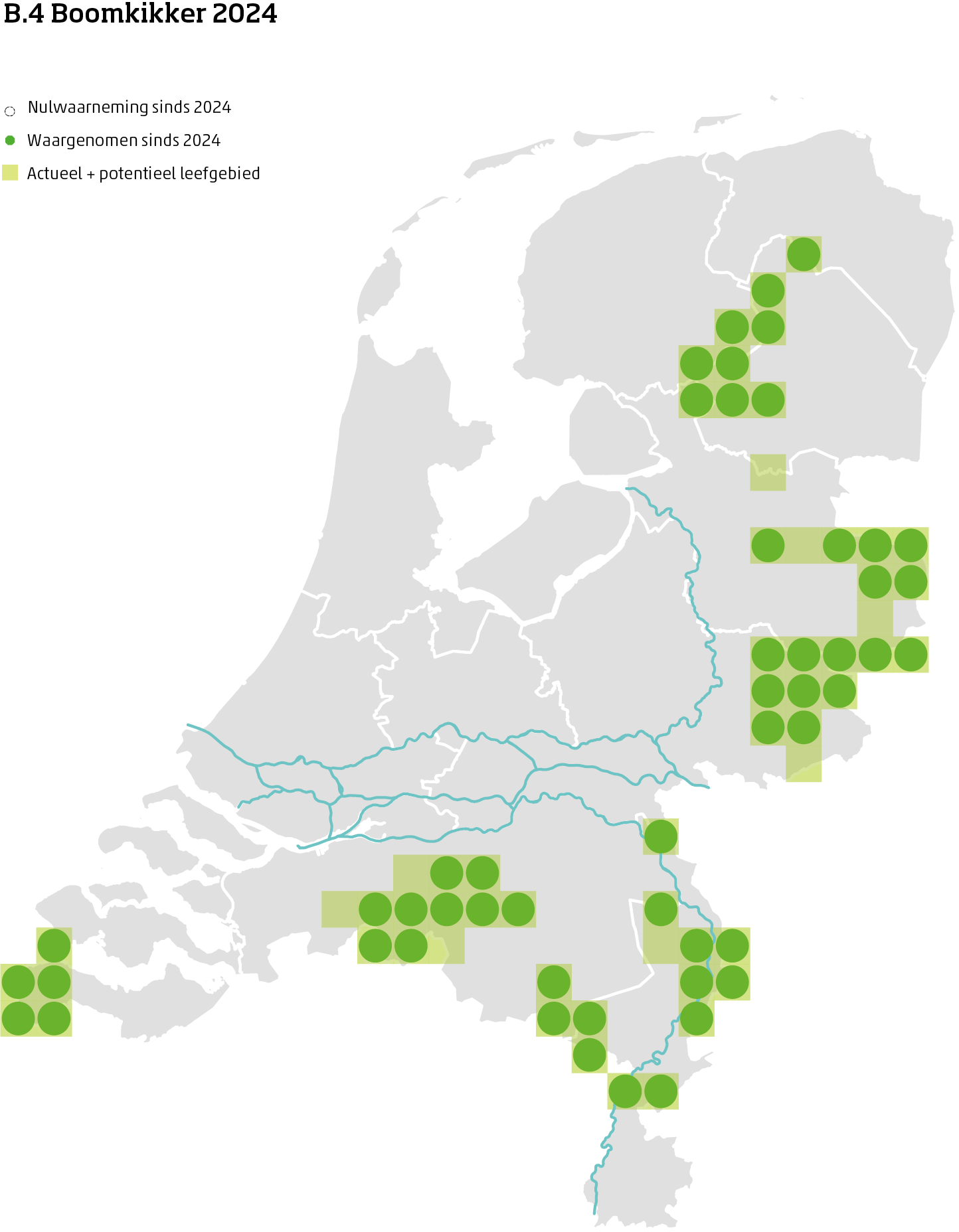 De kaart toont voor de boomkikker het actueel en potentieel leefgebied Nederland. In 10 bij 10 kilometer hokken is aangegeven waar de soort sinds 2018 is waargenomen en waar niet.