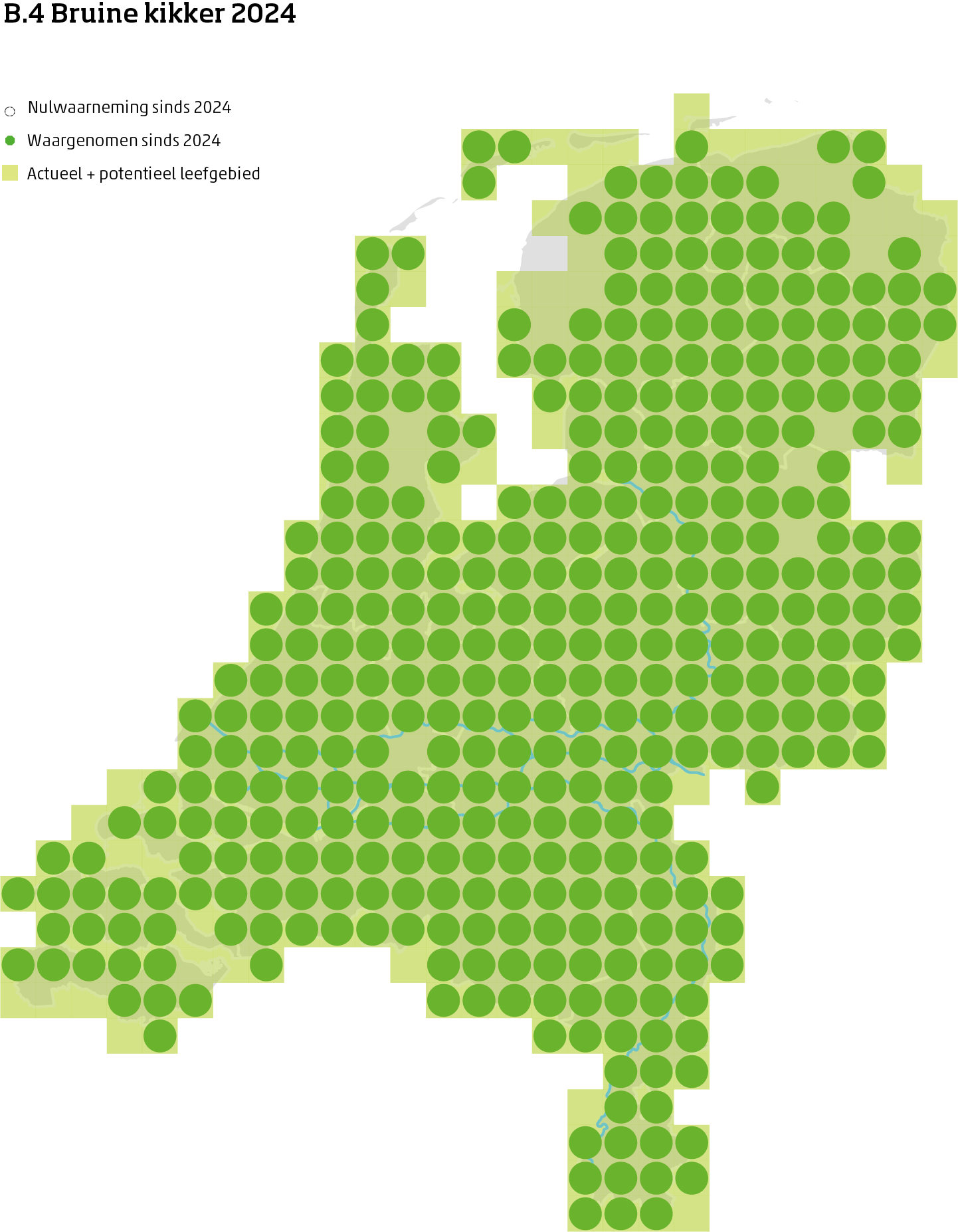 De kaart toont voor de bruine kikker het actueel en potentieel leefgebied Nederland. In 10 bij 10 kilometer hokken is aangegeven waar de soort sinds 2018 is waargenomen en waar niet.