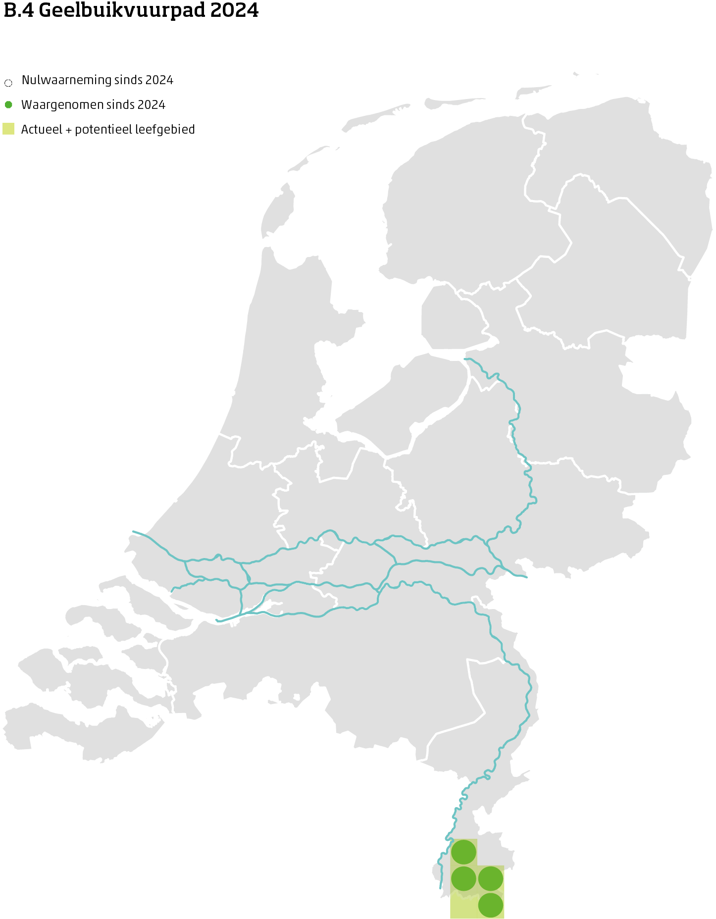 De kaart toont voor de geelbuikvuurpad het actueel en potentieel leefgebied Nederland. In 10 bij 10 kilometer hokken is aangegeven waar de soort sinds 2018 is waargenomen en waar niet.