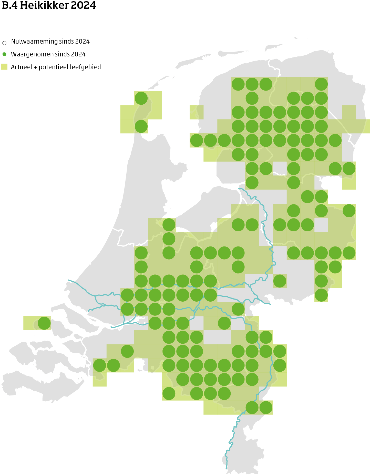 De kaart toont voor de heikikker het actueel en potentieel leefgebied Nederland. In 10 bij 10 kilometer hokken is aangegeven waar de soort sinds 2018 is waargenomen en waar niet.