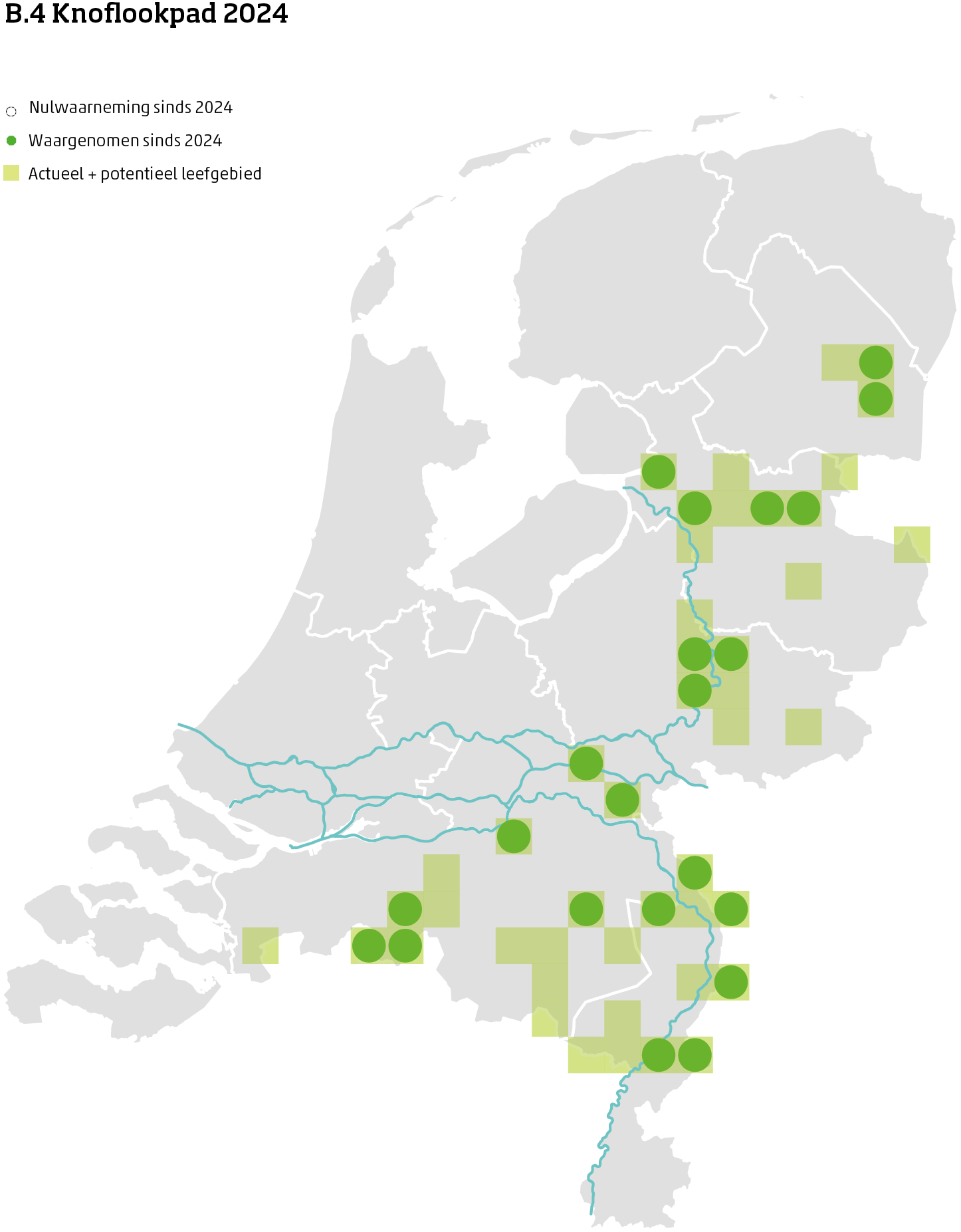 De kaart toont voor de knoflookpad het actueel en potentieel leefgebied Nederland. In 10 bij 10 kilometer hokken is aangegeven waar de soort sinds 2018 is waargenomen en waar niet.