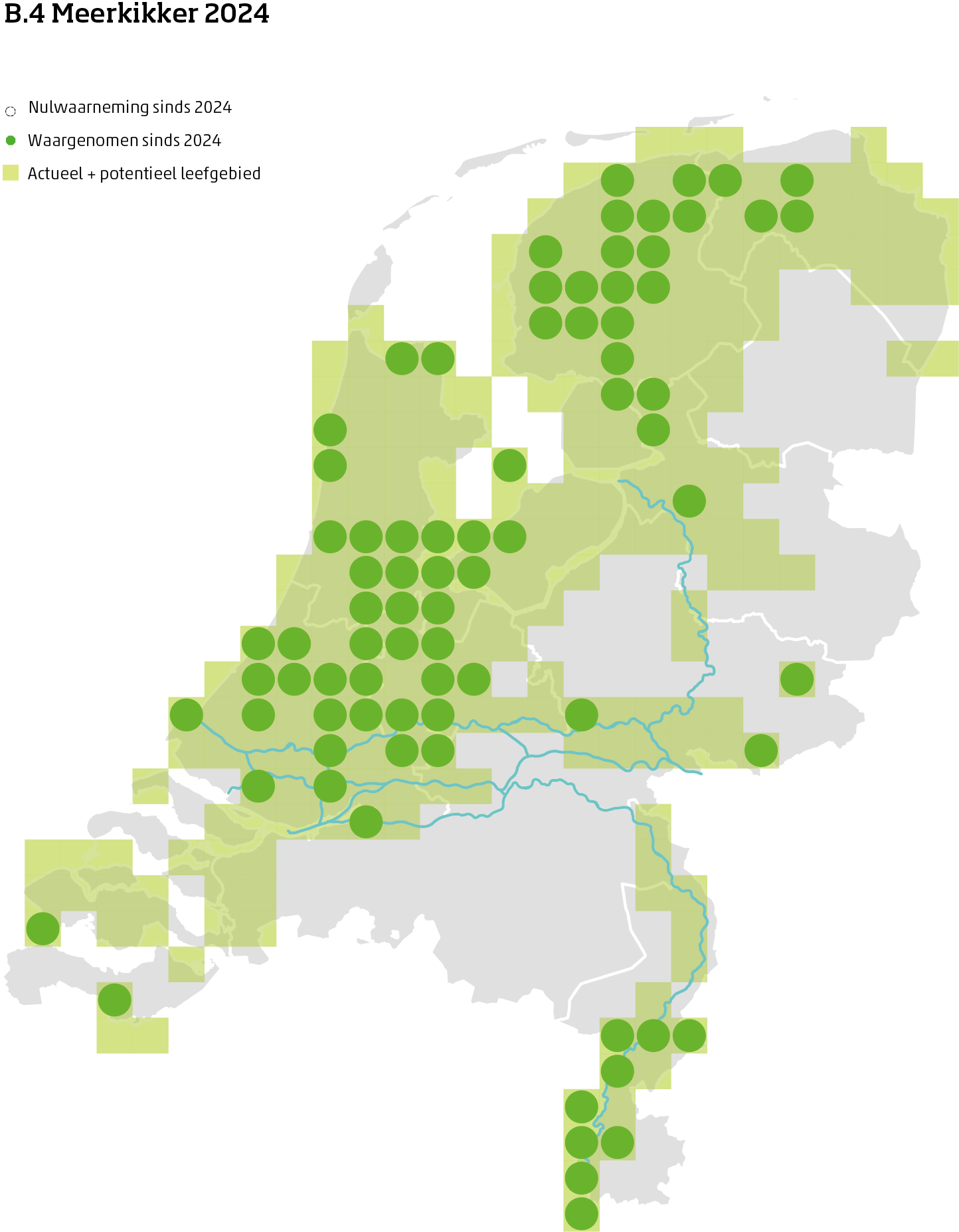 De kaart toont voor de meerkikker het actueel en potentieel leefgebied Nederland. In 10 bij 10 kilometer hokken is aangegeven waar de soort sinds 2018 is waargenomen en waar niet.