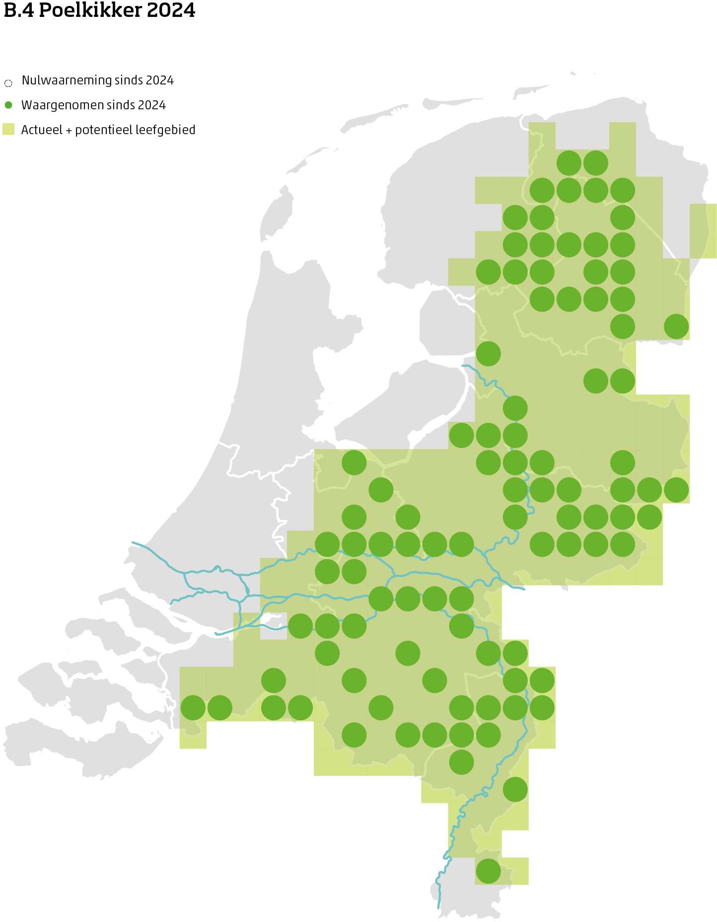 De kaart toont voor de poelkikker het actueel en potentieel leefgebied Nederland. In 10 bij 10 kilometer hokken is aangegeven waar de soort sinds 2018 is waargenomen en waar niet.