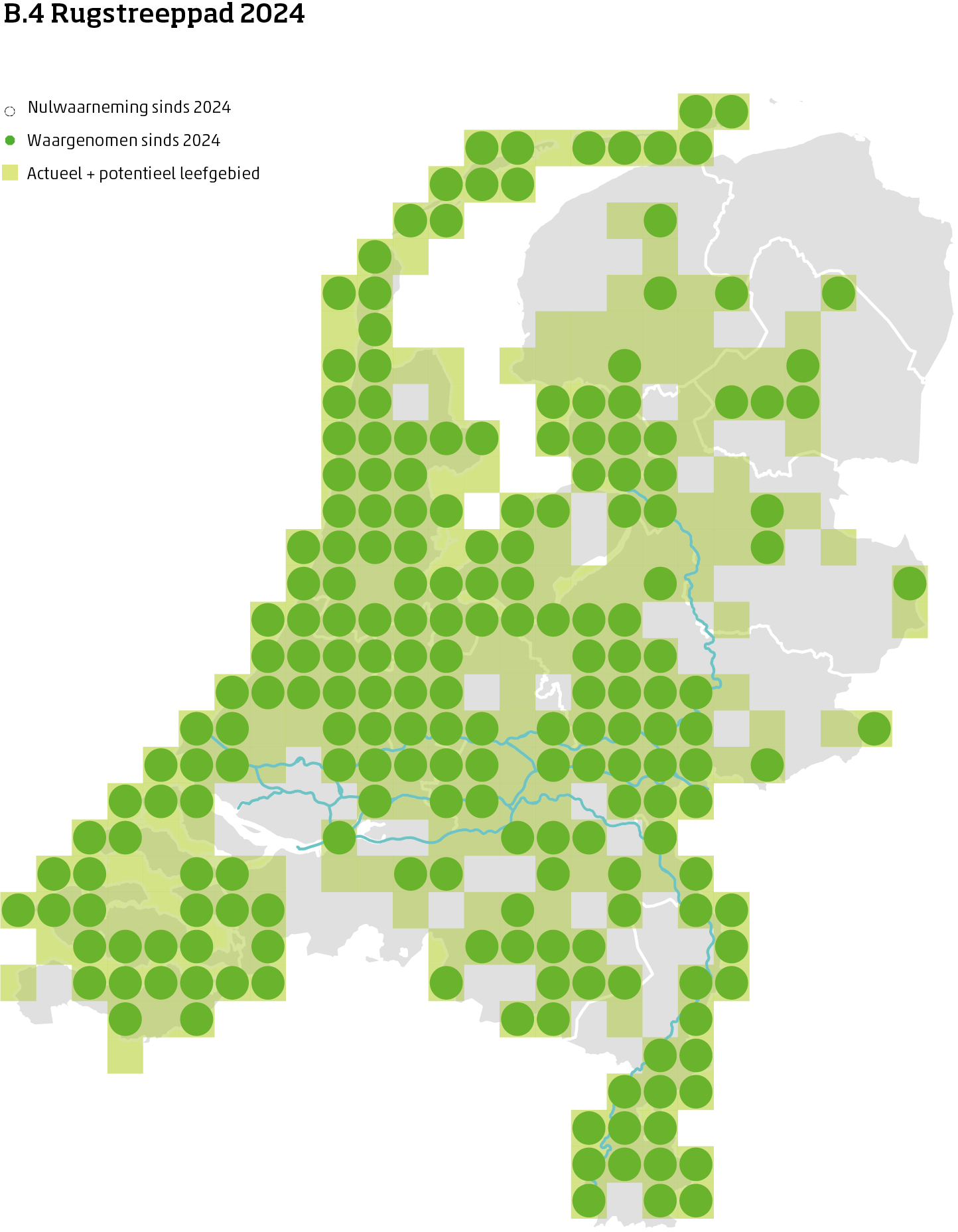 De kaart toont voor de rugstreeppad het actueel en potentieel leefgebied Nederland. In 10 bij 10 kilometer hokken is aangegeven waar de soort sinds 2018 is waargenomen en waar niet.