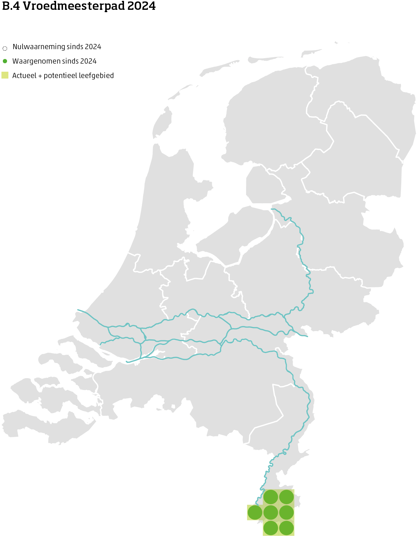 De kaart toont voor de vroedmeesterpad het actueel en potentieel leefgebied Nederland. In 10 bij 10 kilometer hokken is aangegeven waar de soort sinds 2018 is waargenomen en waar niet.