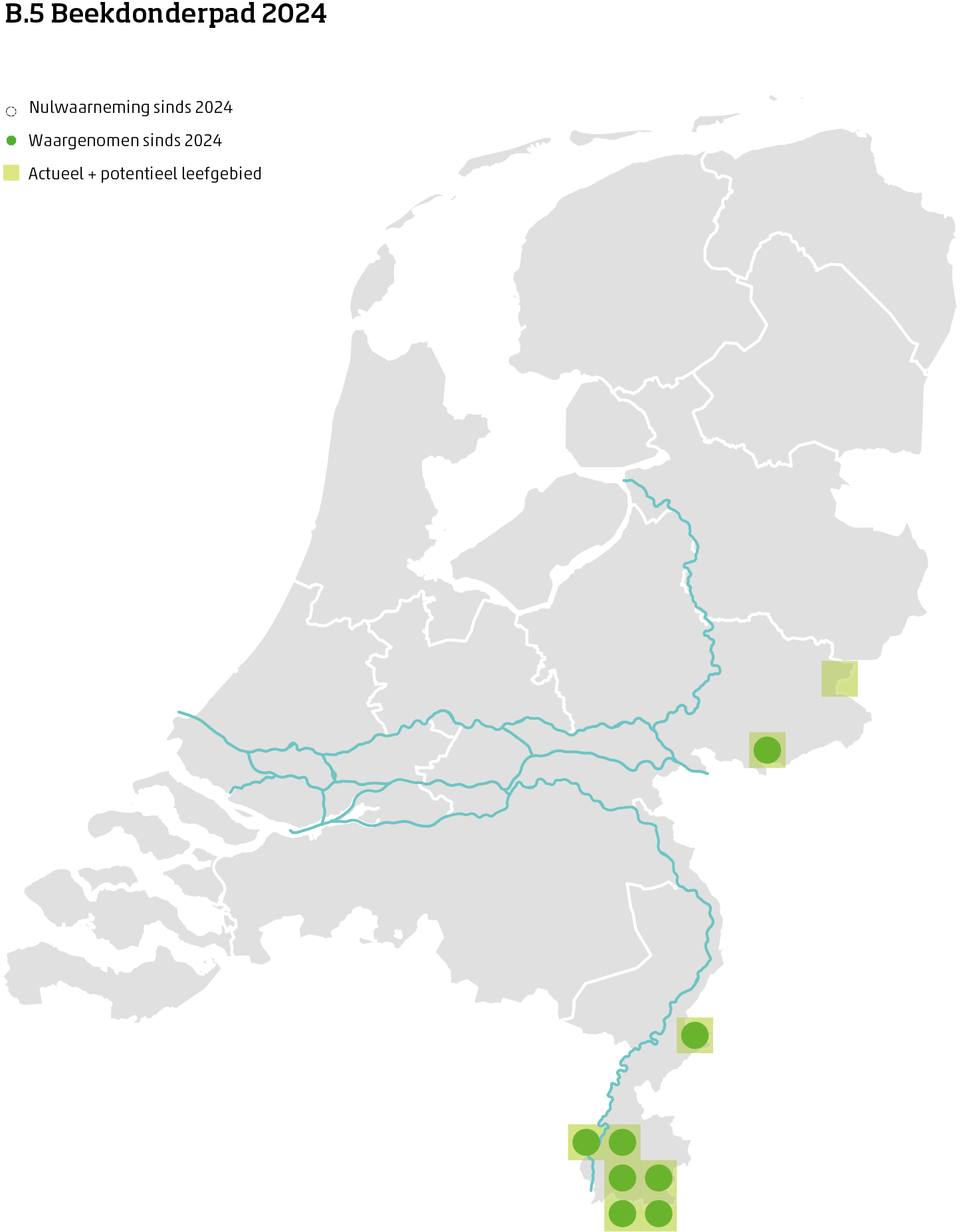 De kaart toont voor de beekdonderpad het actueel en potentieel leefgebied Nederland. In 10 bij 10 kilometer hokken is aangegeven waar de soort sinds 2018 is waargenomen en waar niet.