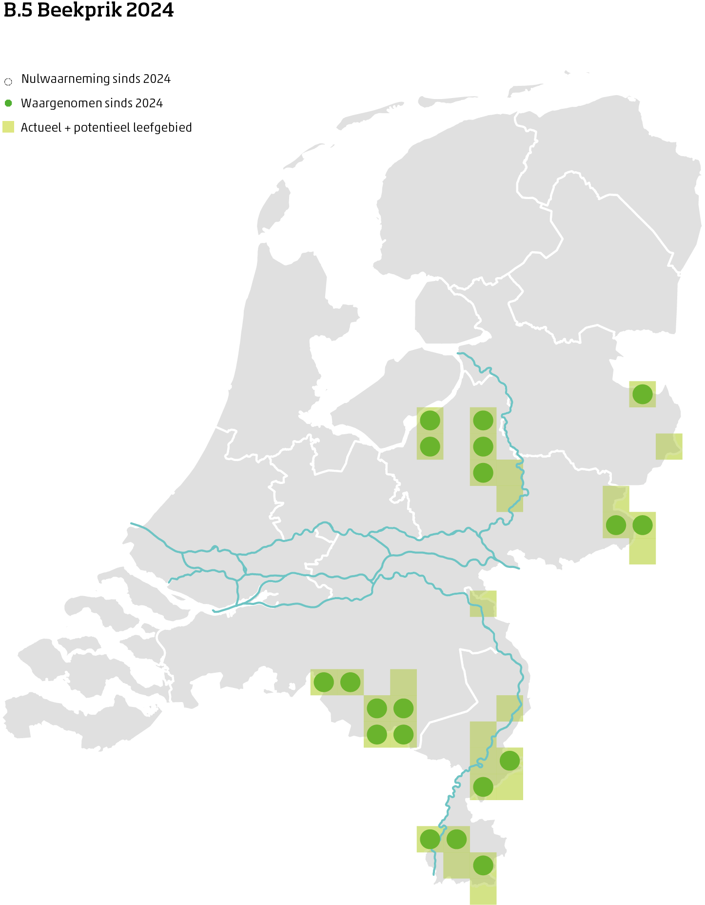 De kaart toont voor de beekprik het actueel en potentieel leefgebied Nederland. In 10 bij 10 kilometer hokken is aangegeven waar de soort sinds 2018 is waargenomen en waar niet.