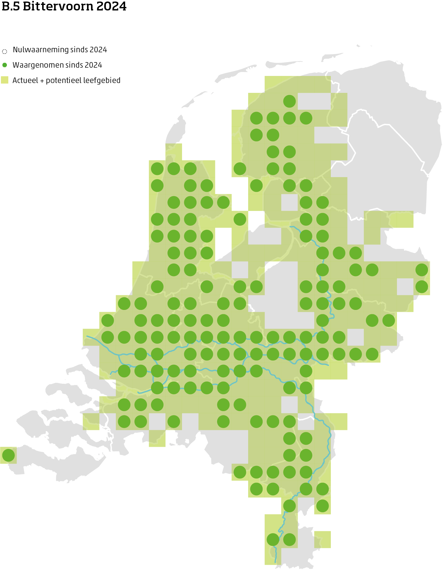 De kaart toont voor de bittervoorn het actueel en potentieel leefgebied Nederland. In 10 bij 10 kilometer hokken is aangegeven waar de soort sinds 2018 is waargenomen en waar niet.