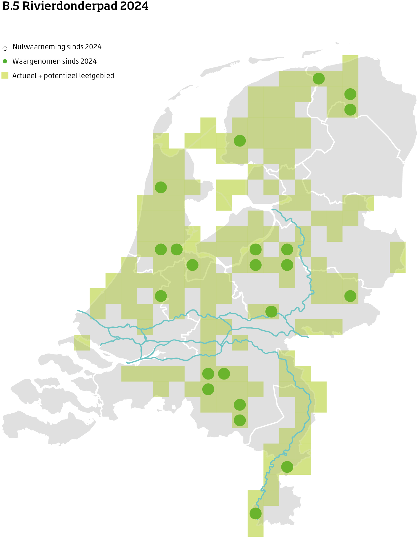 De kaart toont voor de rivierdonderpad het actueel en potentieel leefgebied Nederland. In 10 bij 10 kilometer hokken is aangegeven waar de soort sinds 2018 is waargenomen en waar niet.