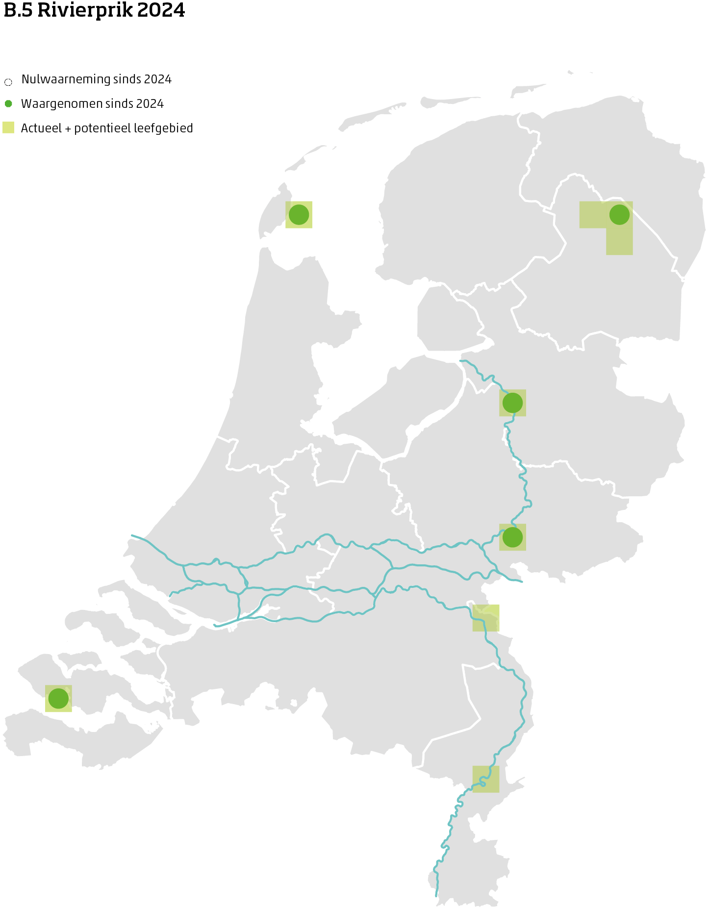 De kaart toont voor de rivierprik het actueel en potentieel leefgebied Nederland. In 10 bij 10 kilometer hokken is aangegeven waar de soort sinds 2018 is waargenomen en waar niet.