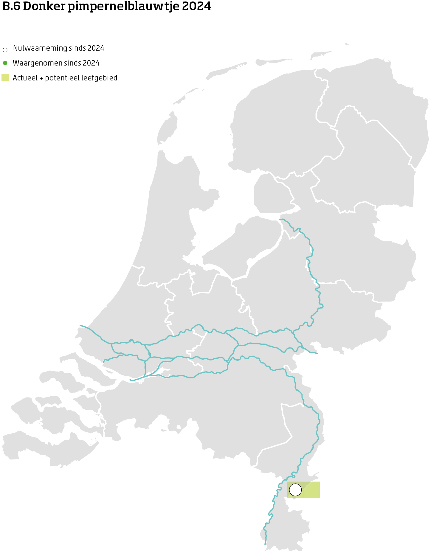De kaart toont voor het donker pimpernelblauwtje het actueel en potentieel leefgebied Nederland. In 10 bij 10 kilometer hokken is aangegeven waar de soort sinds 2018 is waargenomen en waar niet.