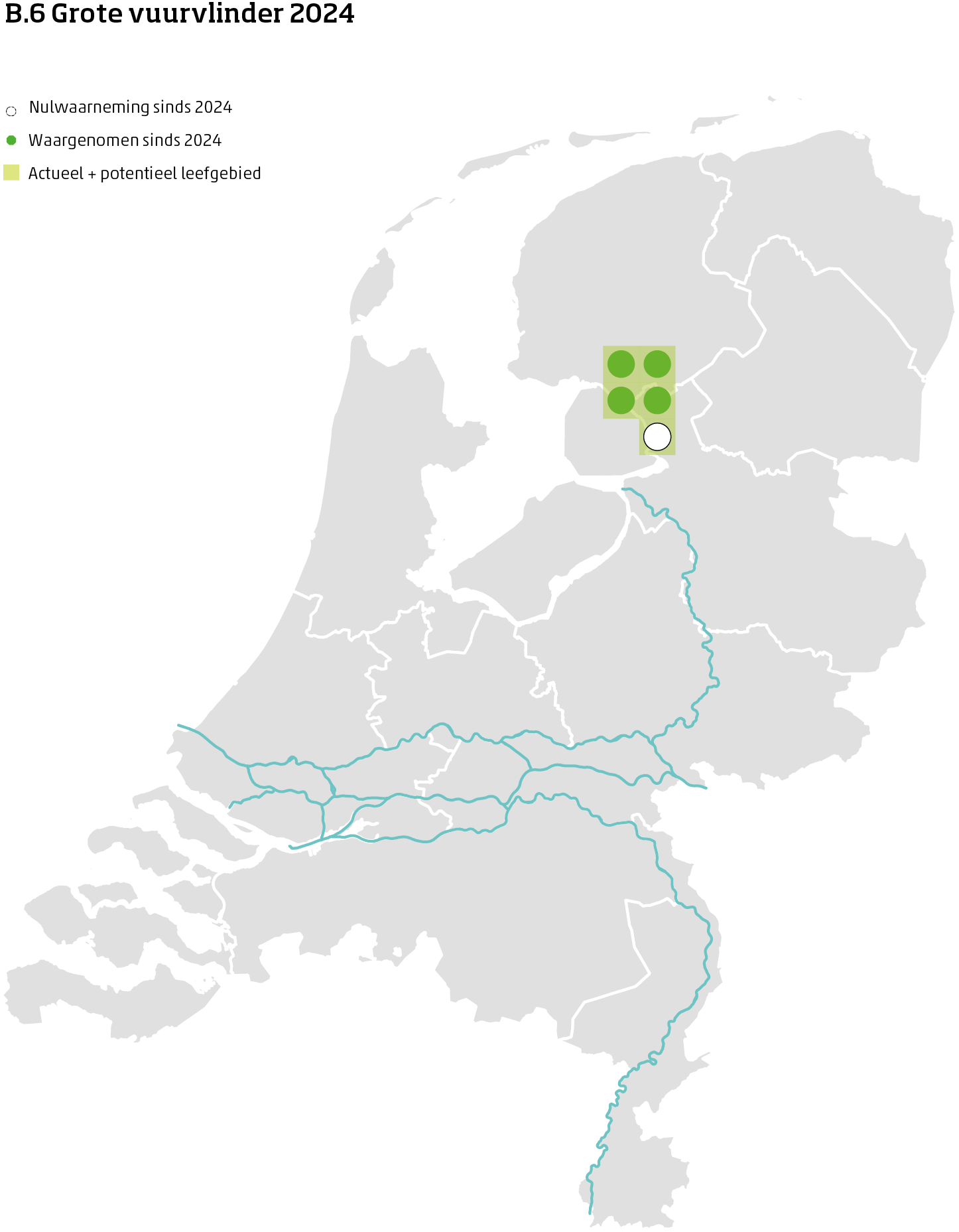 De kaart toont voor de grote vuurvlinder het actueel en potentieel leefgebied Nederland. In 10 bij 10 kilometer hokken is aangegeven waar de soort sinds 2018 is waargenomen en waar niet.