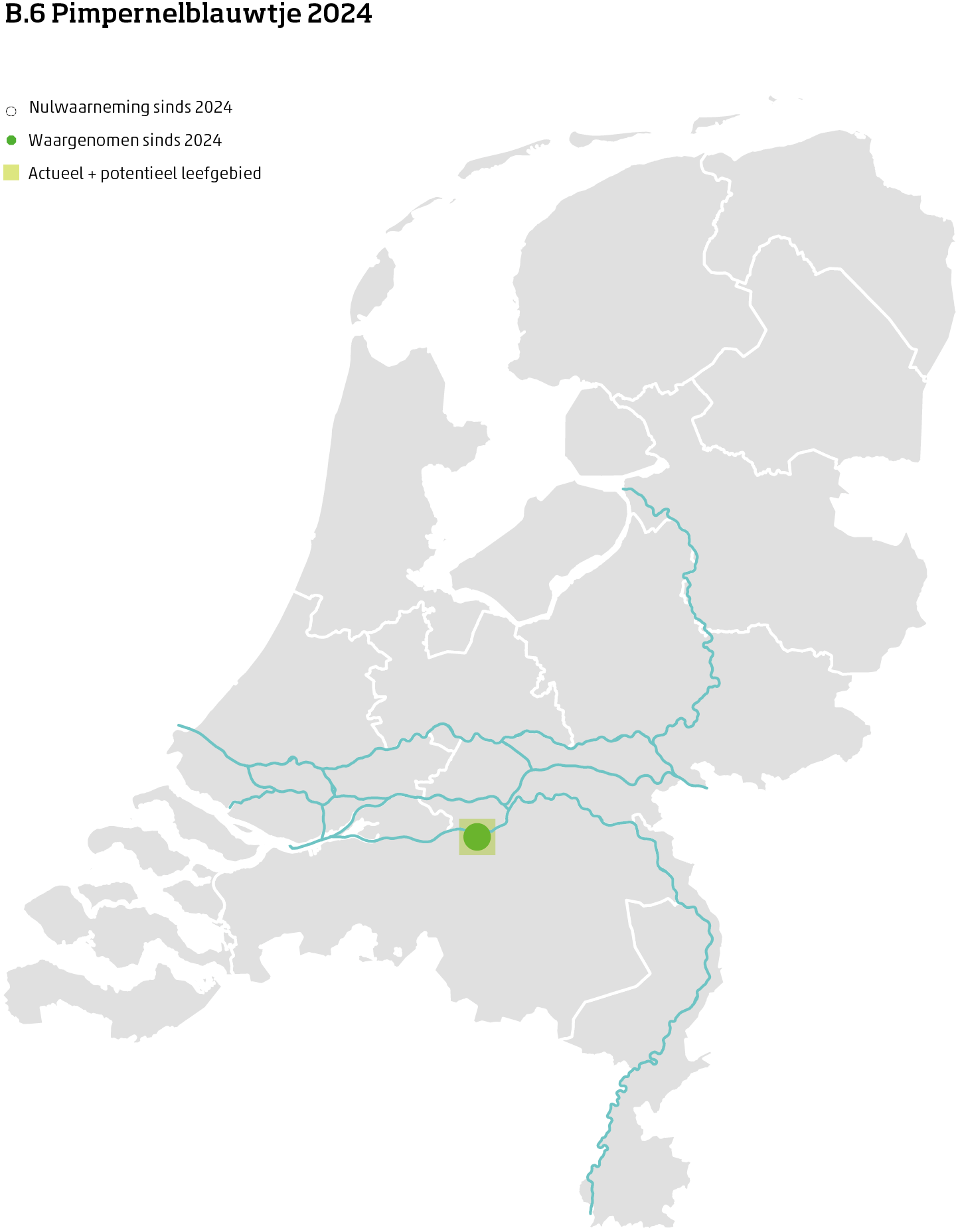 De kaart toont voor het pimpernelblauwtje het actueel en potentieel leefgebied Nederland. In 10 bij 10 kilometer hokken is aangegeven waar de soort sinds 2018 is waargenomen en waar niet.