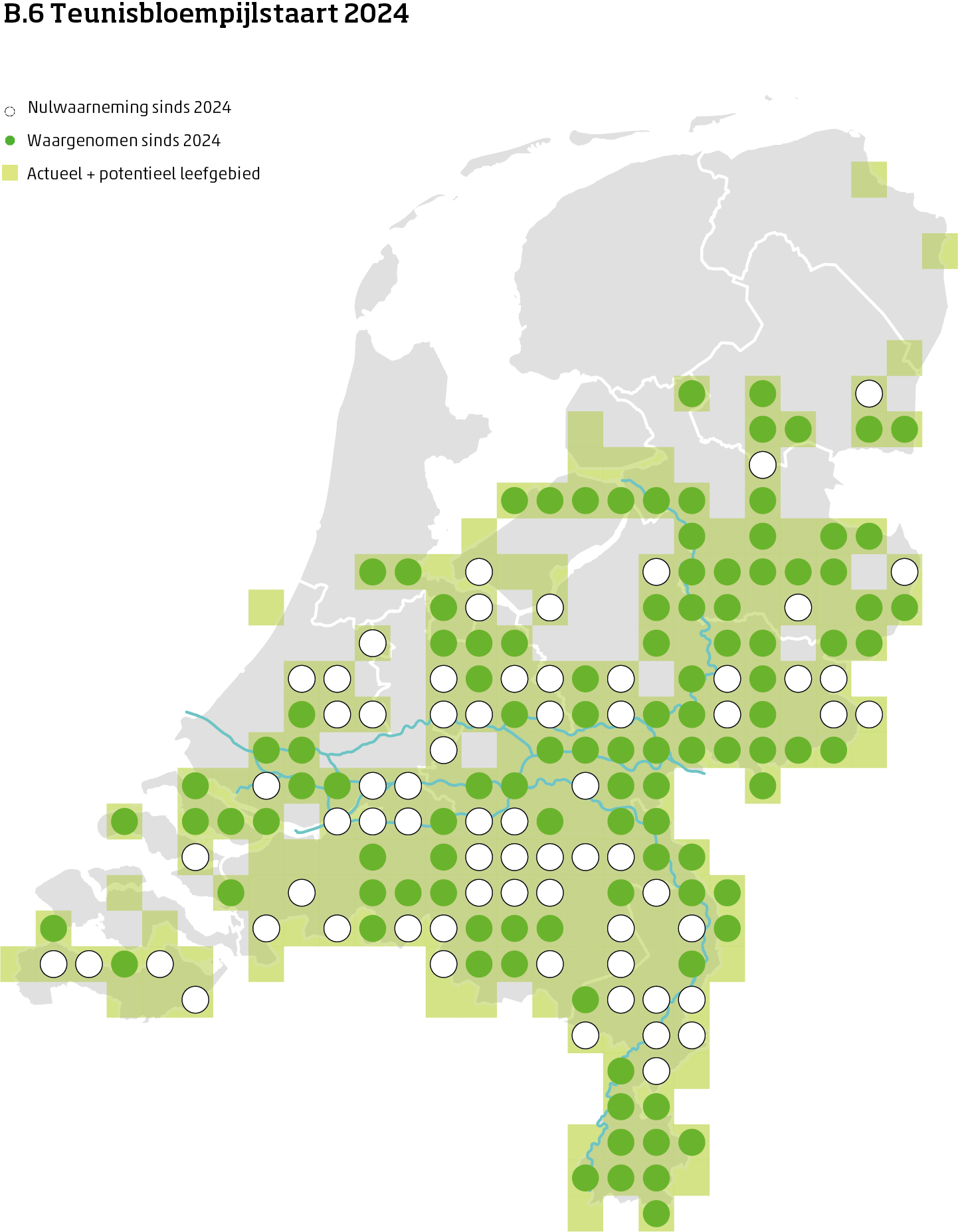 De kaart toont voor de teunisbloempijlstaart het actueel en potentieel leefgebied Nederland. In 10 bij 10 kilometer hokken is aangegeven waar de soort sinds 2018 is waargenomen en waar niet.