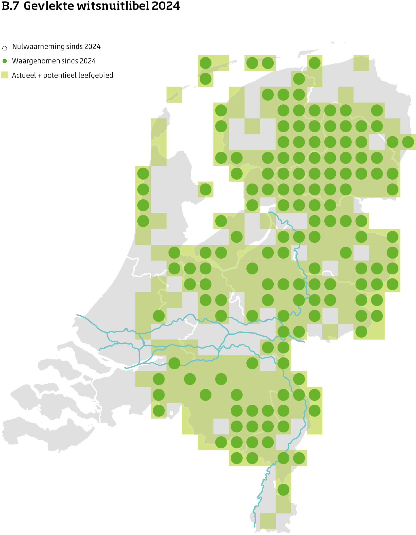 De kaart toont voor de gevlekte witsnuitlibel het actueel en potentieel leefgebied Nederland. In 10 bij 10 kilometer hokken is aangegeven waar de soort sinds 2018 is waargenomen en waar niet.
