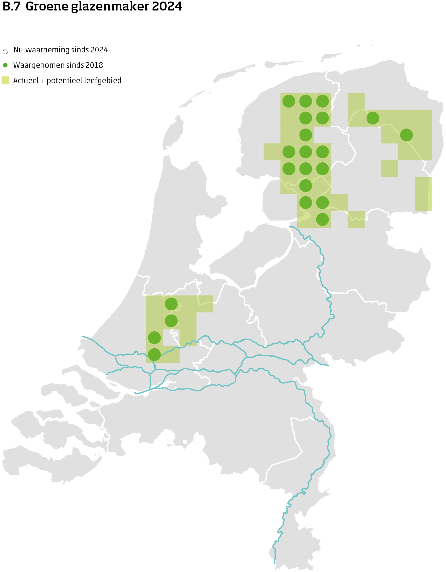 De kaart toont voor de groene glazenmaker het actueel en potentieel leefgebied Nederland. In 10 bij 10 kilometer hokken is aangegeven waar de soort sinds 2018 is waargenomen en waar niet.