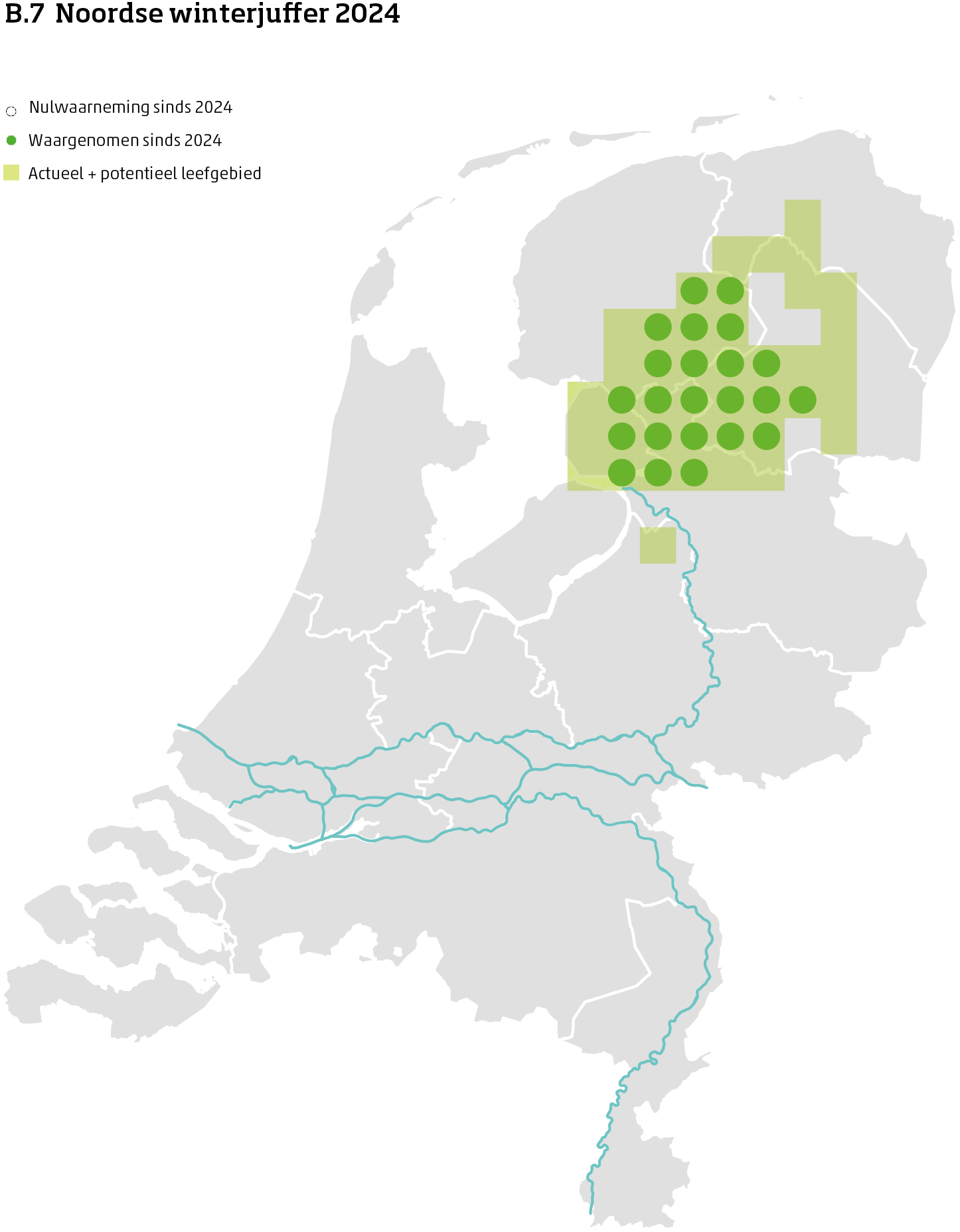 De kaart toont voor de Noordse winterjuffer het actueel en potentieel leefgebied Nederland. In 10 bij 10 kilometer hokken is aangegeven waar de soort sinds 2018 is waargenomen en waar niet.