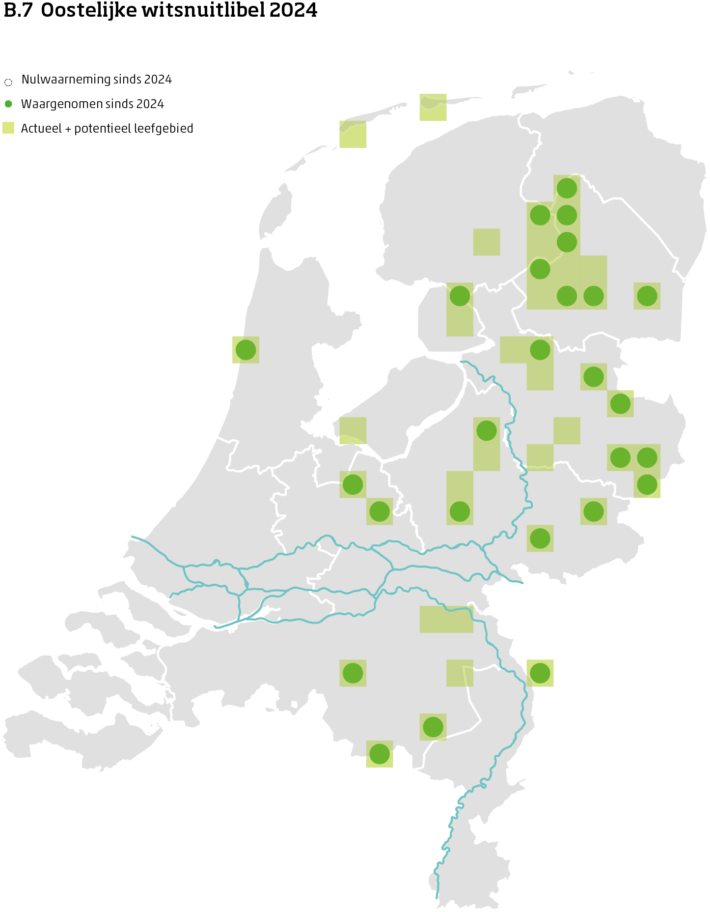 De kaart toont voor de Oostelijke witsnuitlibel het actueel en potentieel leefgebied Nederland. In 10 bij 10 kilometer hokken is aangegeven waar de soort sinds 2018 is waargenomen en waar niet.