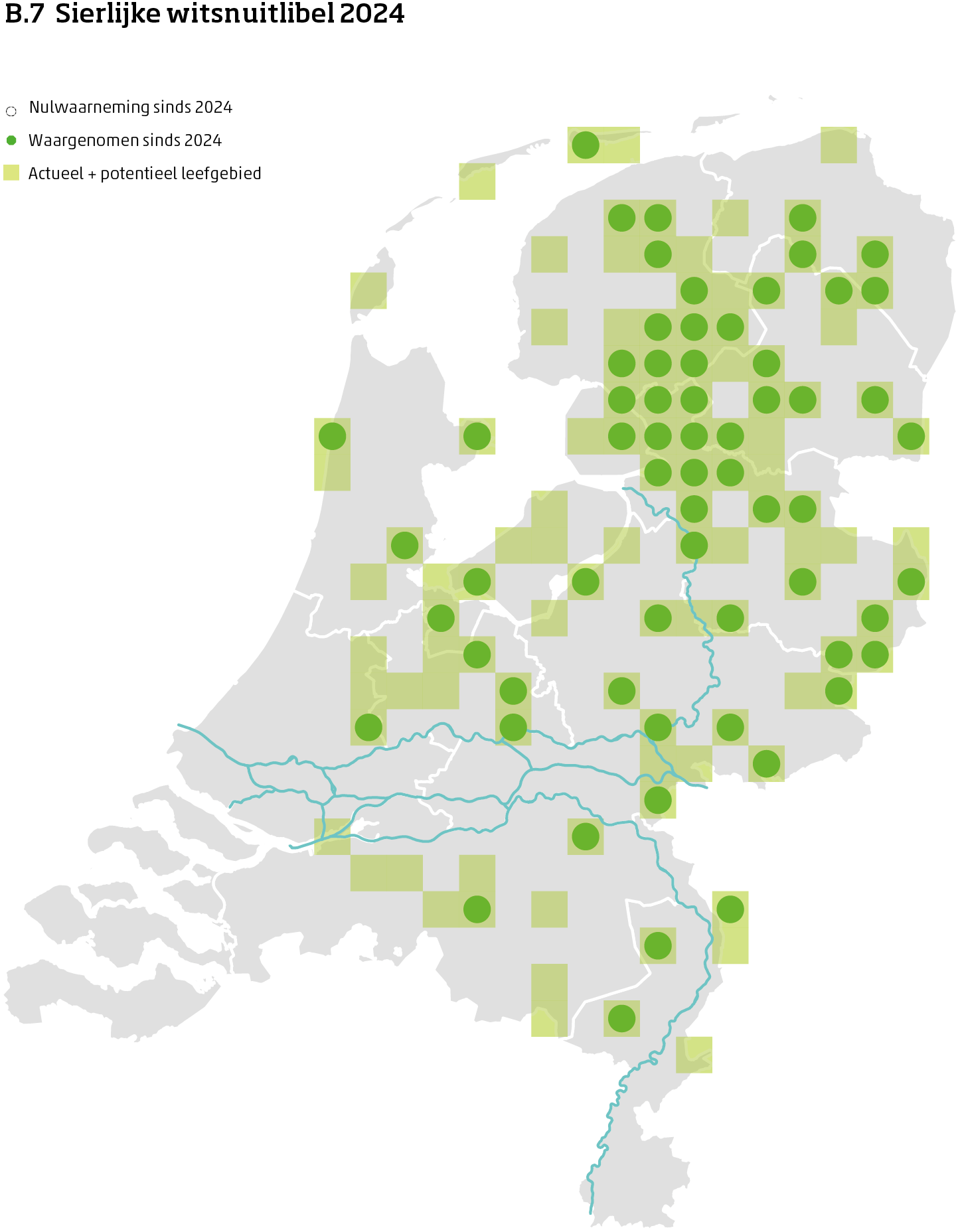 De kaart toont voor de sierlijke witsnuitlibel het actueel en potentieel leefgebied Nederland. In 10 bij 10 kilometer hokken is aangegeven waar de soort sinds 2018 is waargenomen en waar niet.