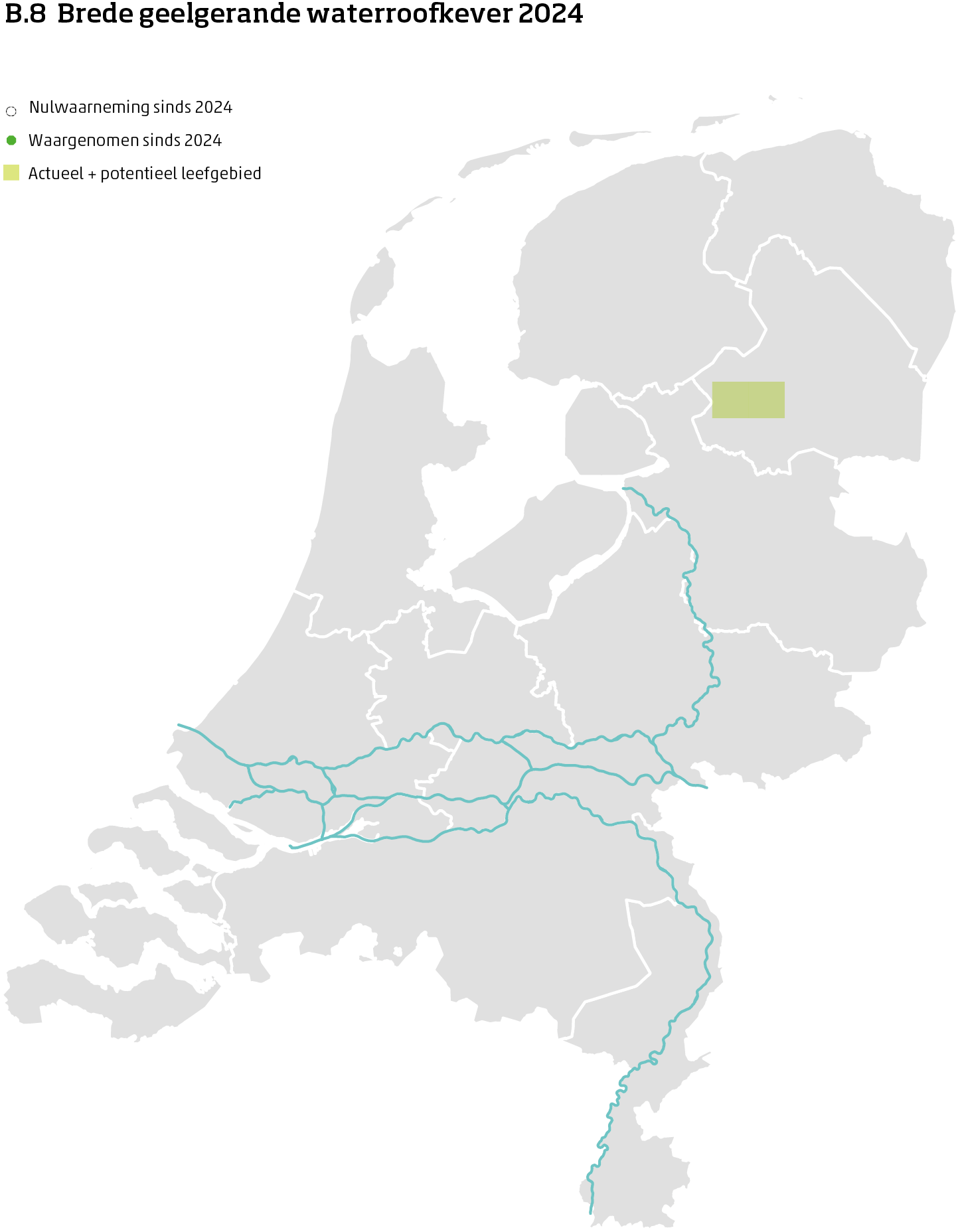 De kaart toont voor de brede geelgerande waterroofkever het actueel en potentieel leefgebied Nederland. In 10 bij 10 kilometer hokken is aangegeven waar de soort sinds 2018 is waargenomen en waar niet.