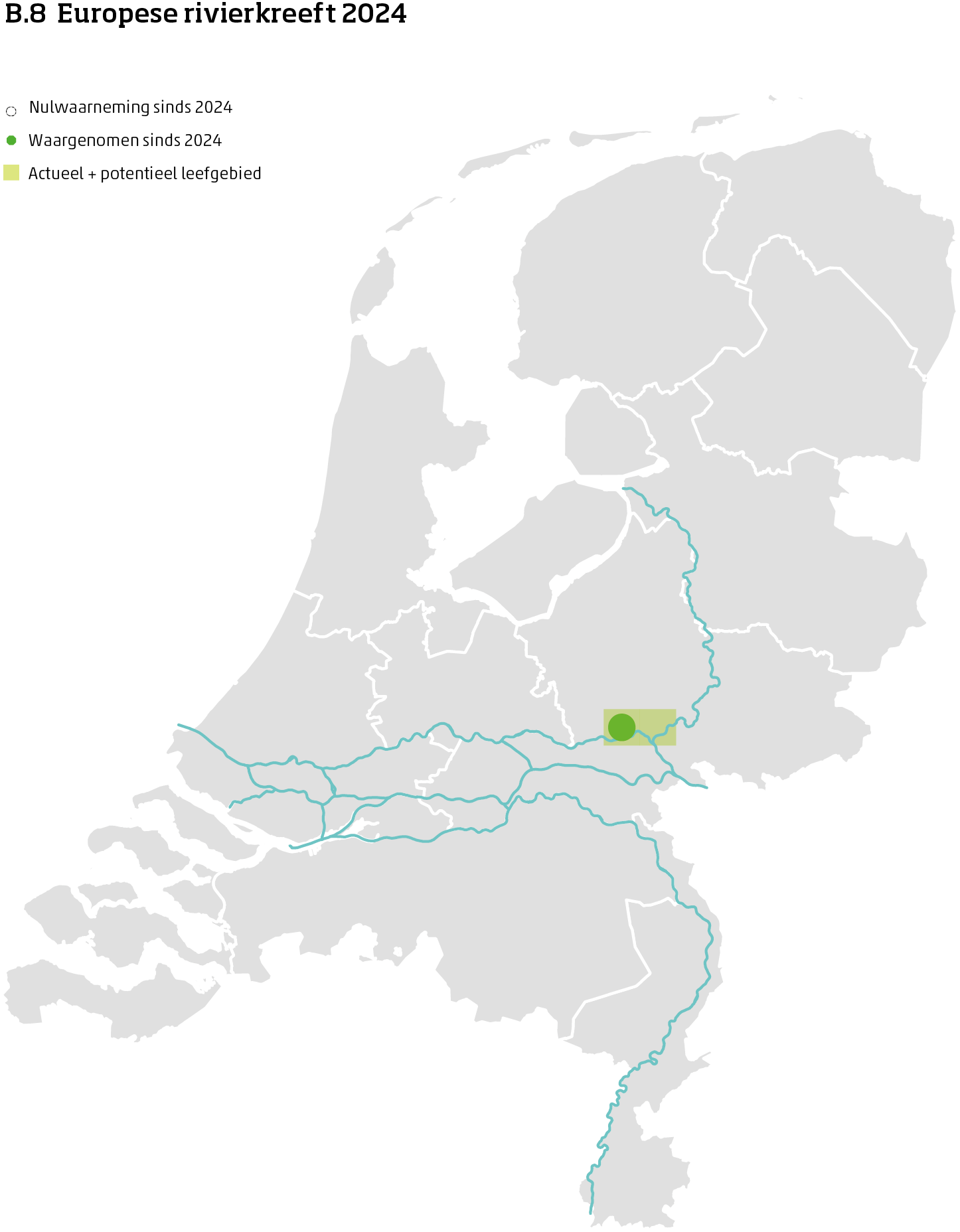 De kaart toont voor de Europese rivierkreeft het actueel en potentieel leefgebied Nederland. In 10 bij 10 kilometer hokken is aangegeven waar de soort sinds 2018 is waargenomen en waar niet.
