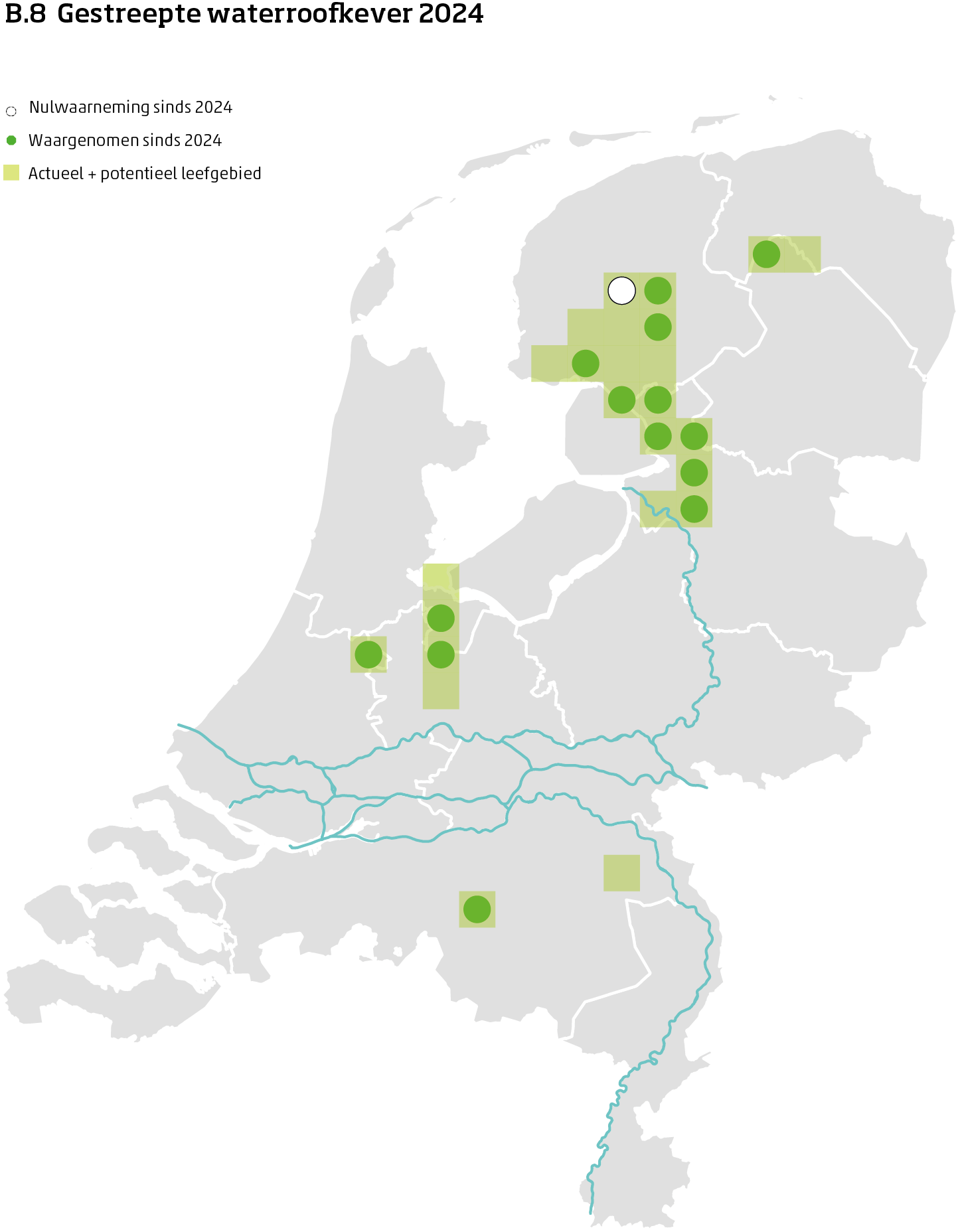 De kaart toont voor de gestreepte waterroofkever het actueel en potentieel leefgebied Nederland. In 10 bij 10 kilometer hokken is aangegeven waar de soort sinds 2018 is waargenomen en waar niet.