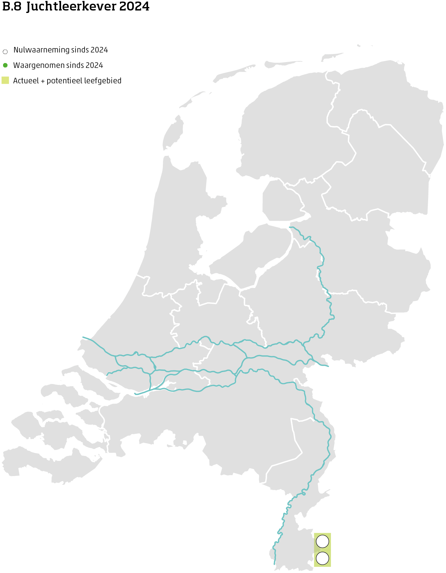 De kaart toont voor de juchtleerkever het actueel en potentieel leefgebied Nederland. In 10 bij 10 kilometer hokken is aangegeven waar de soort sinds 2018 is waargenomen en waar niet.