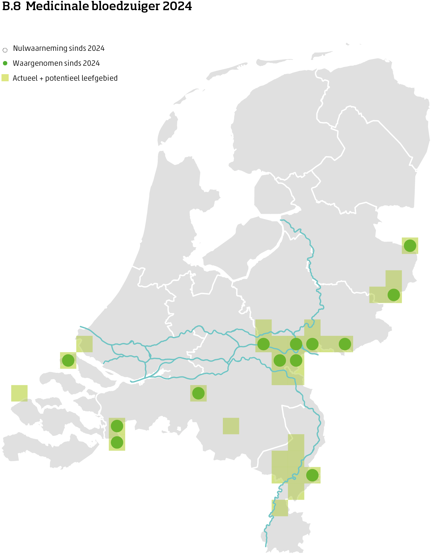 De kaart toont voor de medicinale bloedzuiger het actueel en potentieel leefgebied Nederland. In 10 bij 10 kilometer hokken is aangegeven waar de soort sinds 2018 is waargenomen en waar niet.