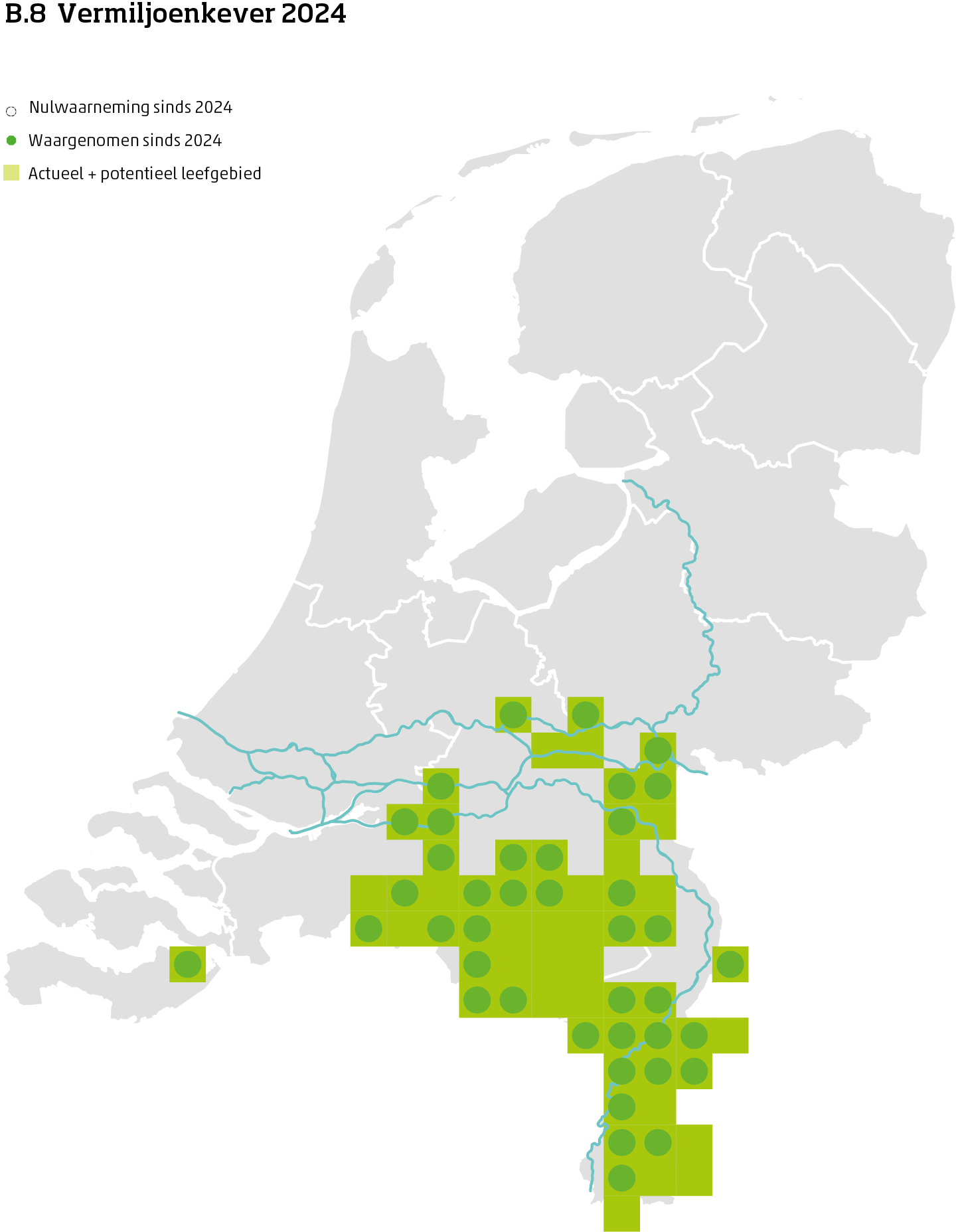De kaart toont voor de vermiljoenkever het actueel en potentieel leefgebied Nederland. In 10 bij 10 kilometer hokken is aangegeven waar de soort sinds 2018 is waargenomen en waar niet.