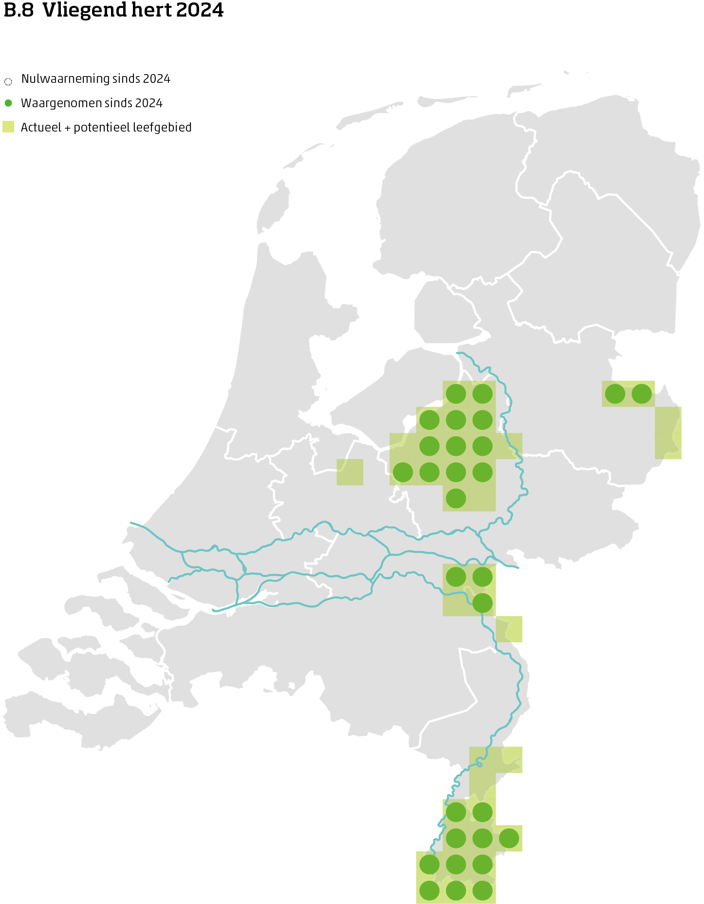 De kaart toont voor het vliegend hert het actueel en potentieel leefgebied Nederland. In 10 bij 10 kilometer hokken is aangegeven waar de soort sinds 2018 is waargenomen en waar niet.