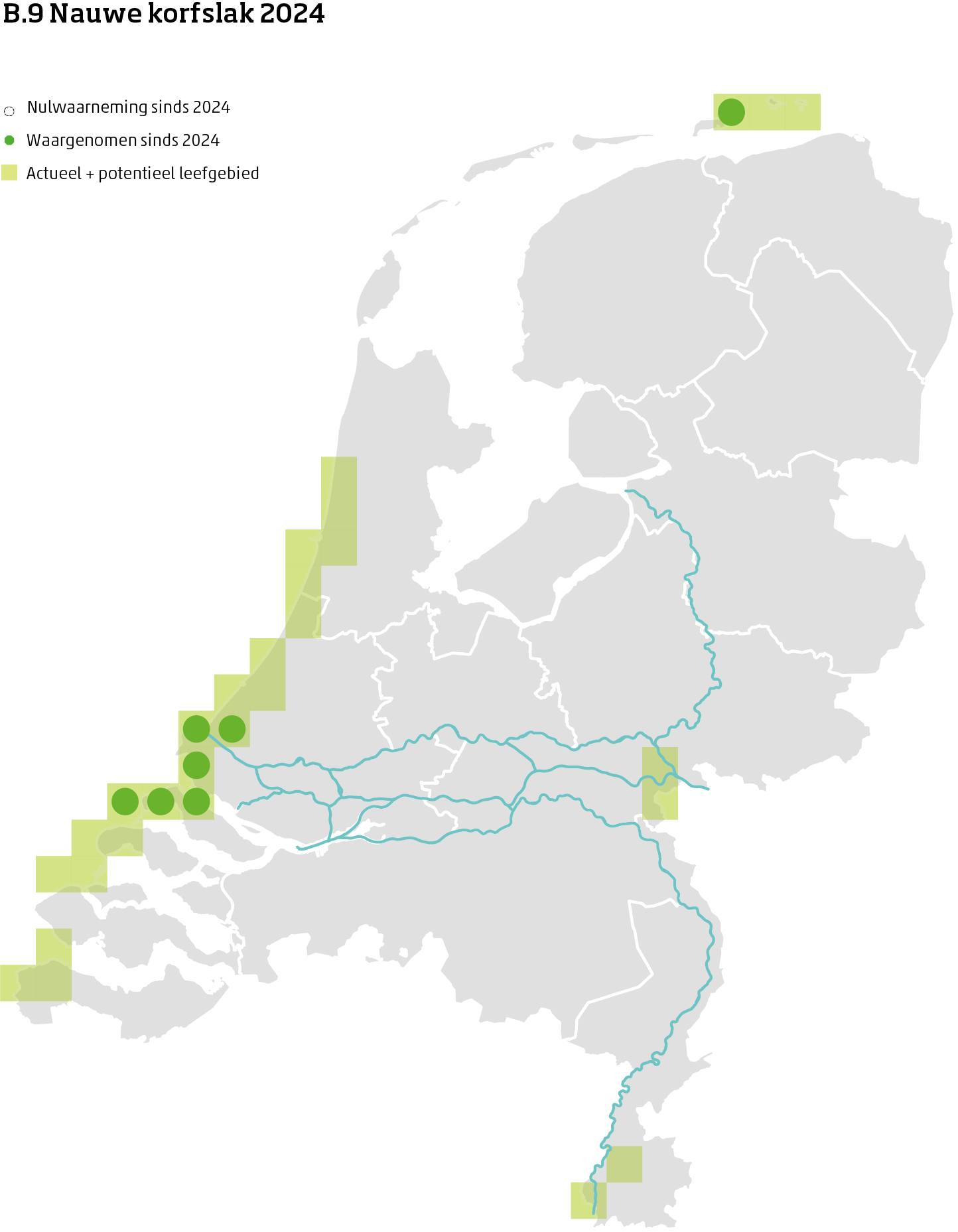 De kaart toont voor de nauwe korfslak het actueel en potentieel leefgebied Nederland. In 10 bij 10 kilometer hokken is aangegeven waar de soort sinds 2018 is waargenomen en waar niet.