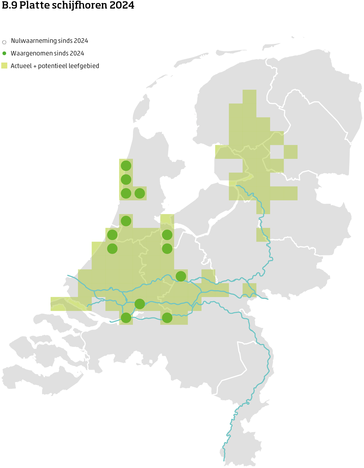 De kaart toont voor de platte schijfhoren het actueel en potentieel leefgebied Nederland. In 10 bij 10 kilometer hokken is aangegeven waar de soort sinds 2018 is waargenomen en waar niet.