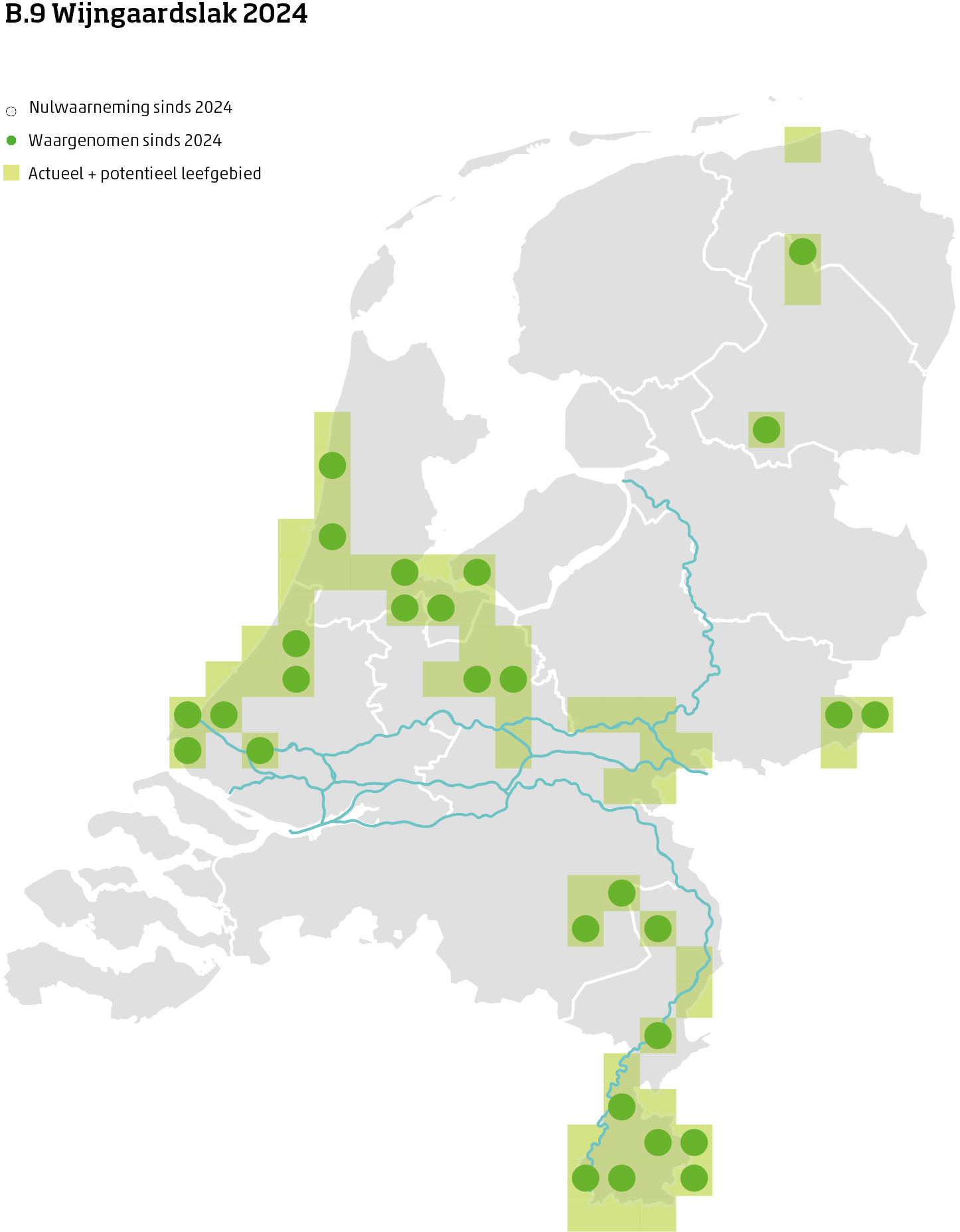 De kaart toont voor de wijngaardslak het actueel en potentieel leefgebied Nederland. In 10 bij 10 kilometer hokken is aangegeven waar de soort sinds 2018 is waargenomen en waar niet.