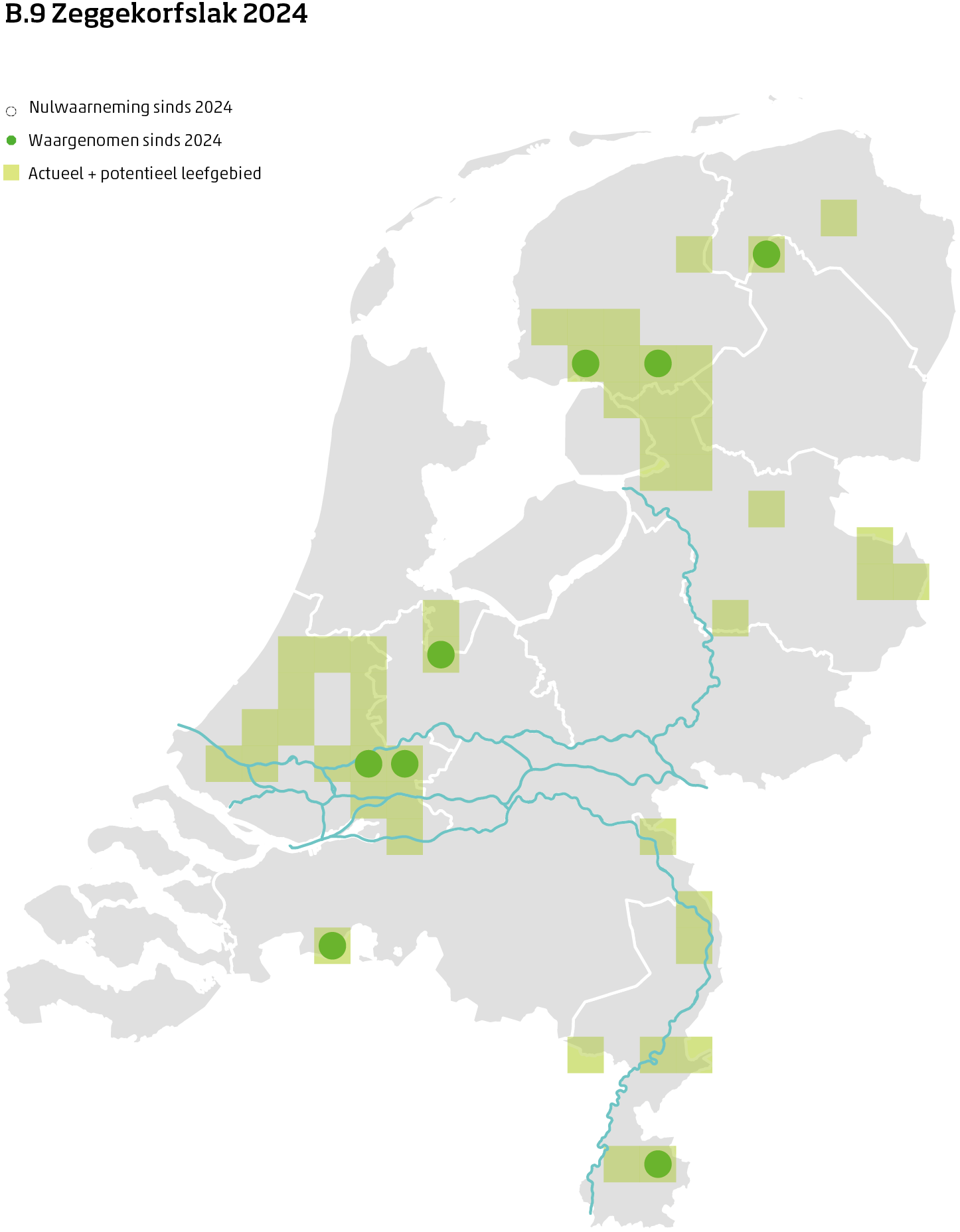 De kaart toont voor de zeggekorfslak het actueel en potentieel leefgebied Nederland. In 10 bij 10 kilometer hokken is aangegeven waar de soort sinds 2018 is waargenomen en waar niet.