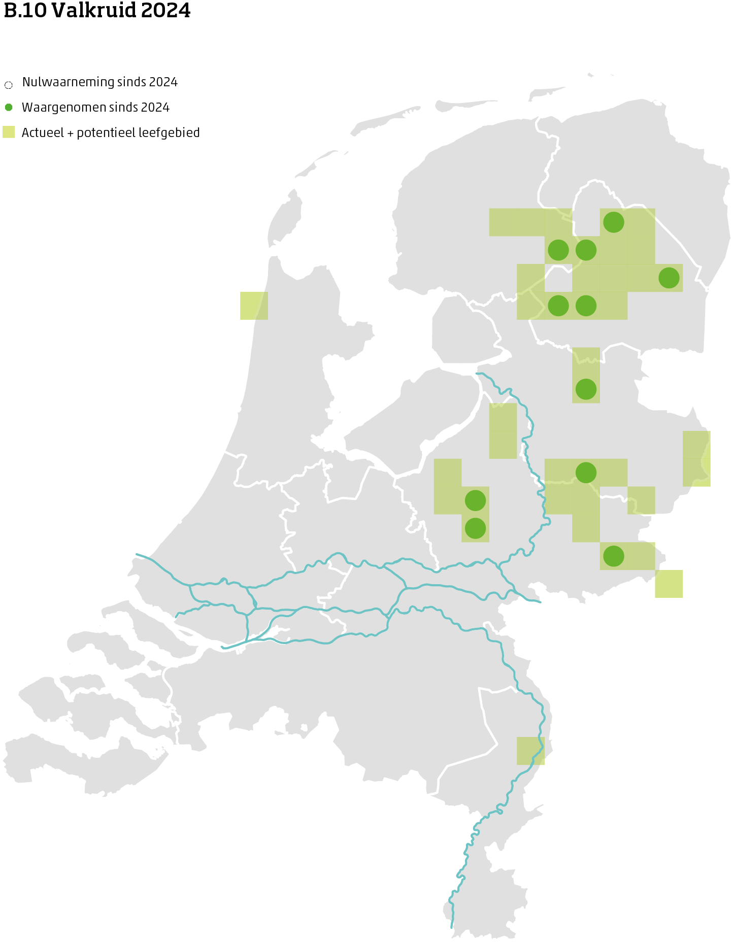 De kaart toont voor valkruid het actueel en potentieel leefgebied Nederland. In 10 bij 10 kilometer hokken is aangegeven waar de soort sinds 2019 is waargenomen en waar niet.