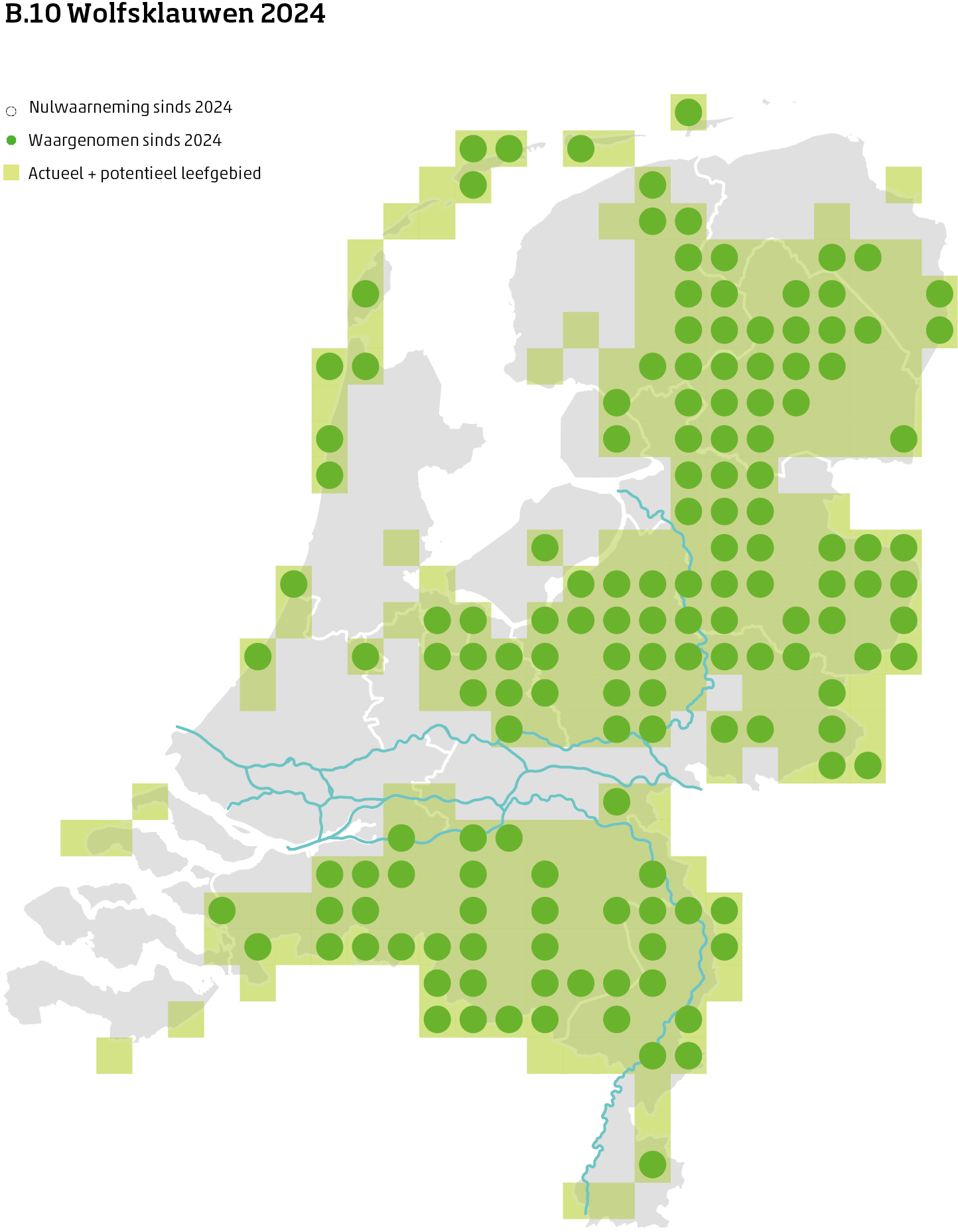 De kaart toont voor wolfklauw het actueel en potentieel leefgebied Nederland. In 10 bij 10 kilometer hokken is aangegeven waar de soort sinds 2019 is waargenomen en waar niet.