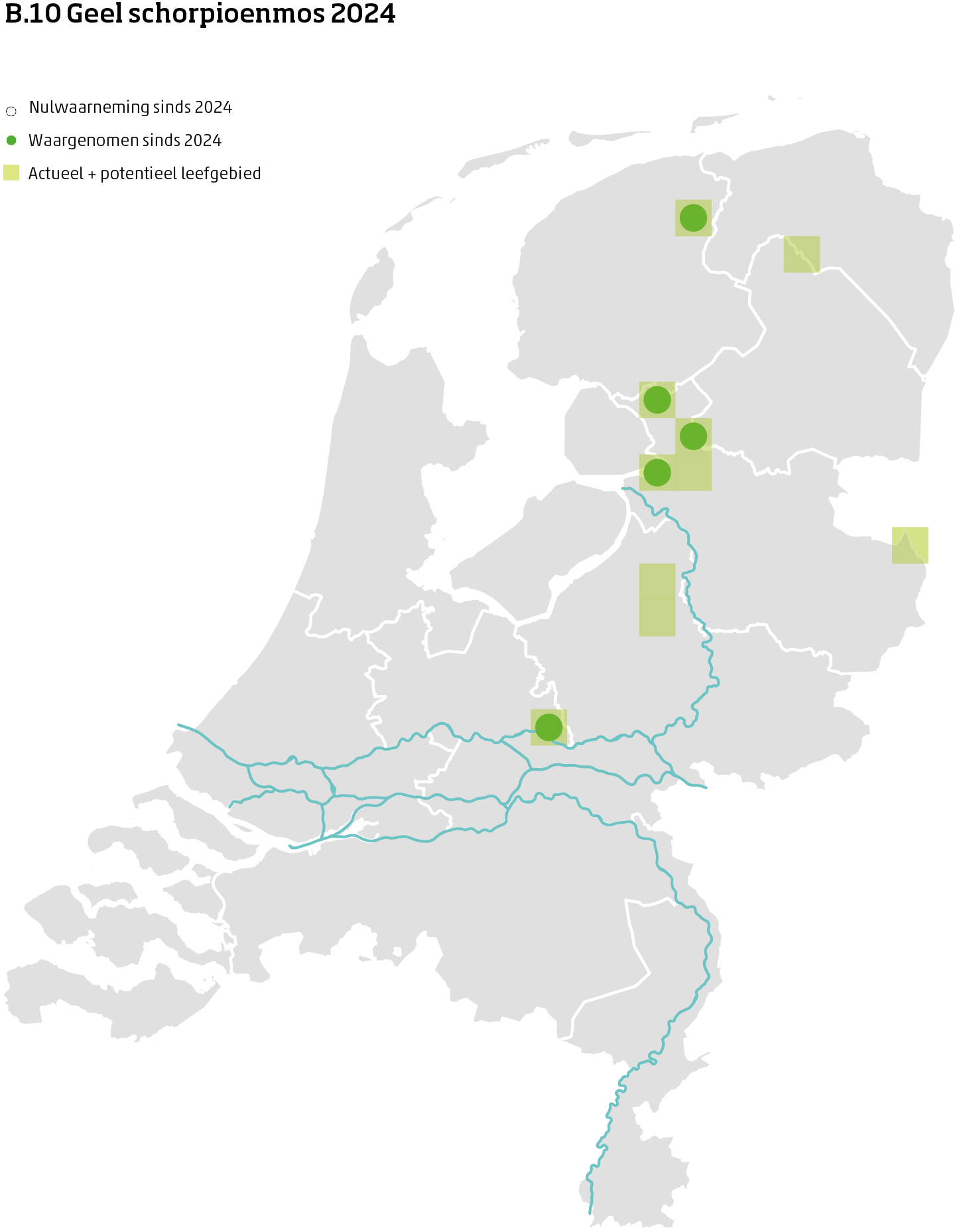 De kaart toont voor geel schorpioenmos het actueel en potentieel leefgebied Nederland. In 10 bij 10 kilometer hokken is aangegeven waar de soort sinds 2018 is waargenomen en waar niet.
