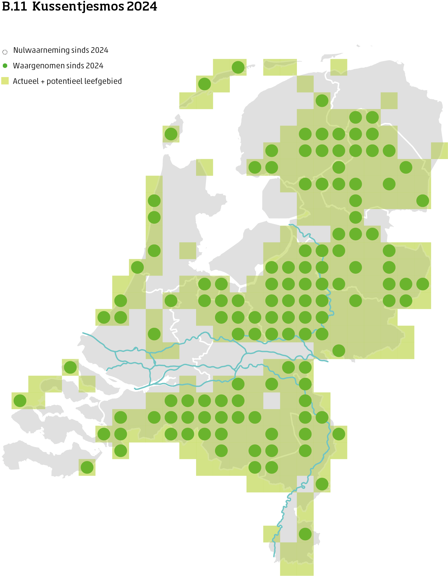 De kaart toont voor kussentjesmos het actueel en potentieel leefgebied Nederland. In 10 bij 10 kilometer hokken is aangegeven waar de soort sinds 2018 is waargenomen en waar niet.