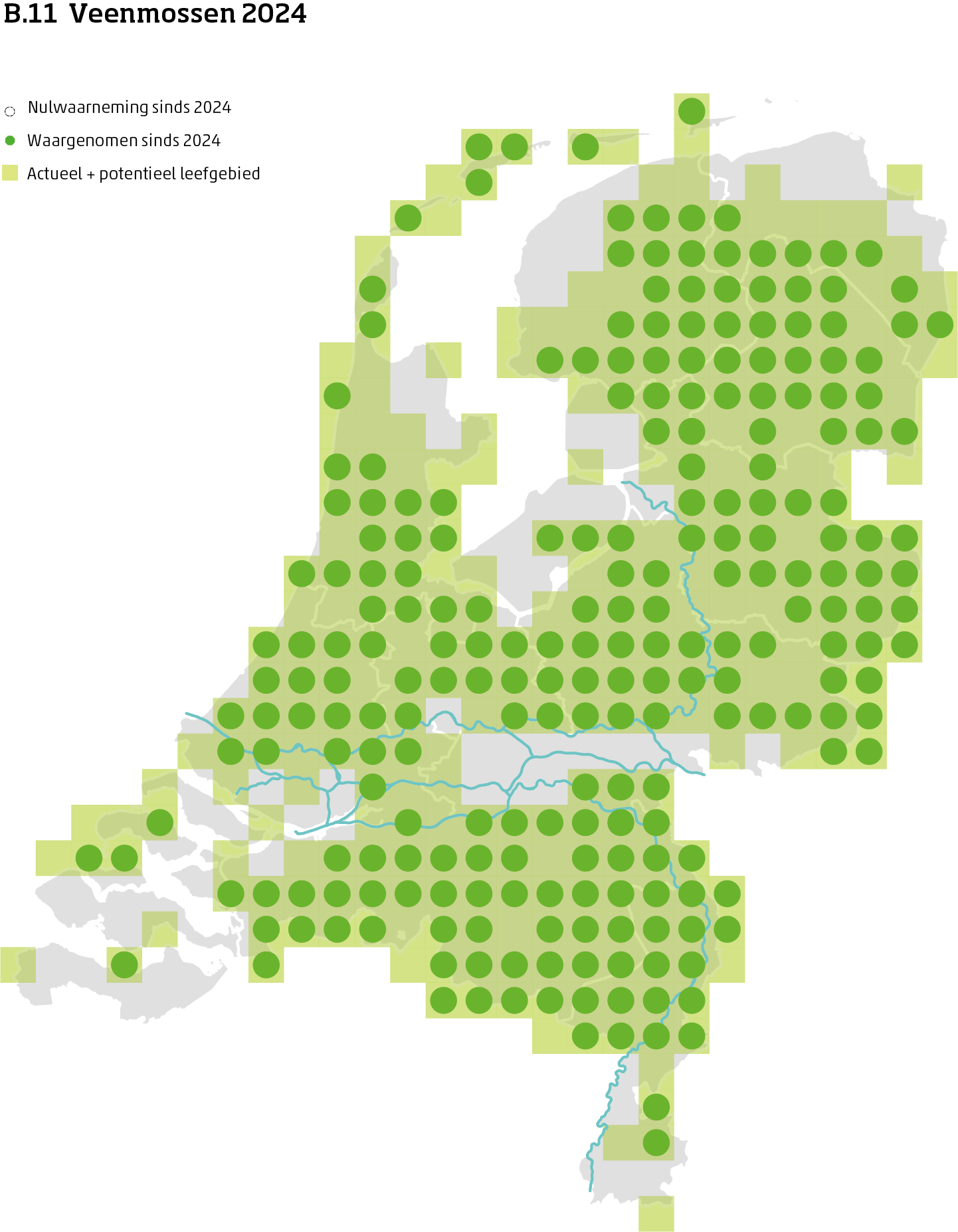 De kaart toont voor de veenmossen het actueel en potentieel leefgebied Nederland. In 10 bij 10 kilometer hokken is aangegeven waar de soort sinds 2018 is waargenomen en waar niet.