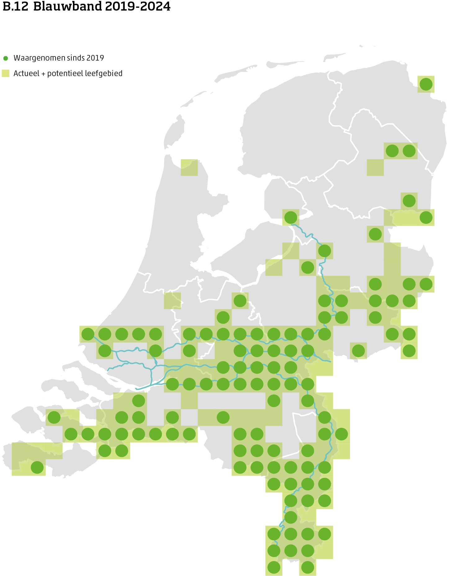 De kaart toont voor blauwband het actueel leefgebied Nederland. In 10 bij 10 kilometer hokken is aangegeven waar de soort sinds 2019 is waargenomen.