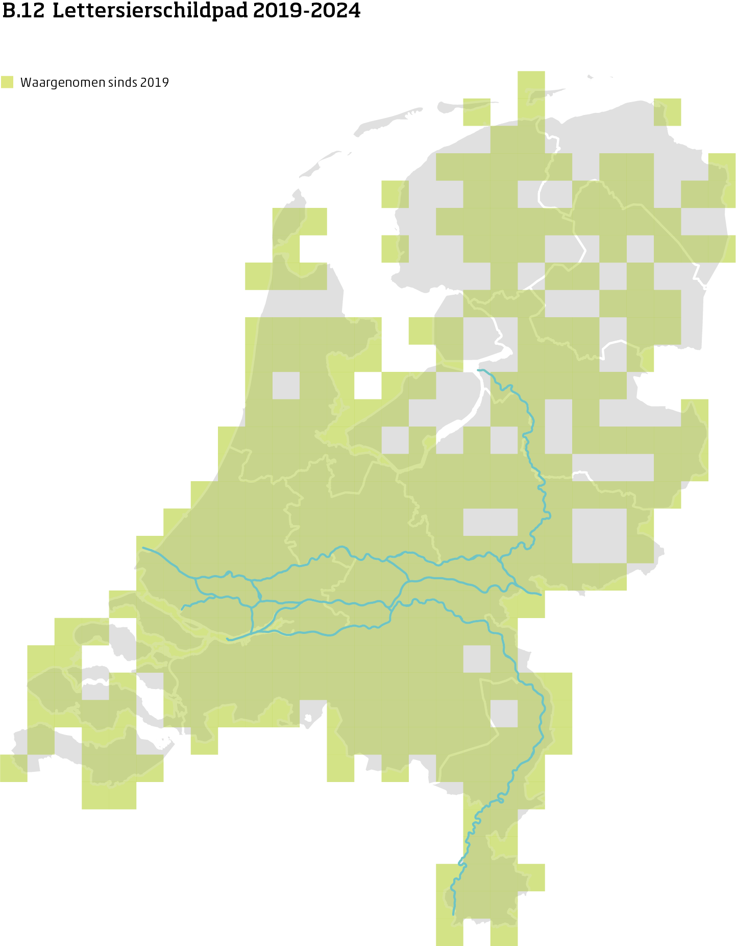 De kaart toont voor lettersierschildpad het actueel leefgebied Nederland. In 10 bij 10 kilometer hokken is aangegeven waar de soort sinds 2019 is waargenomen.